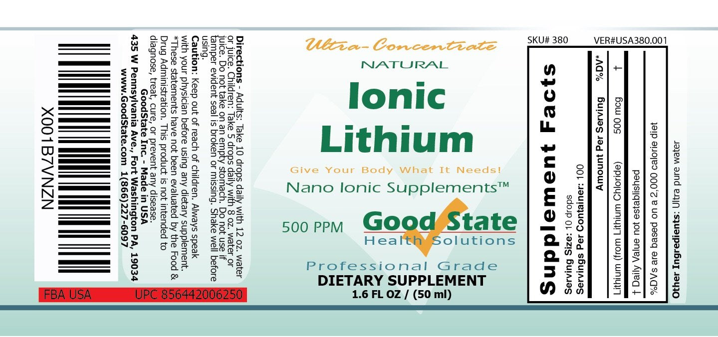 Good State Ionic Lithium Glass Bottle side view showing label