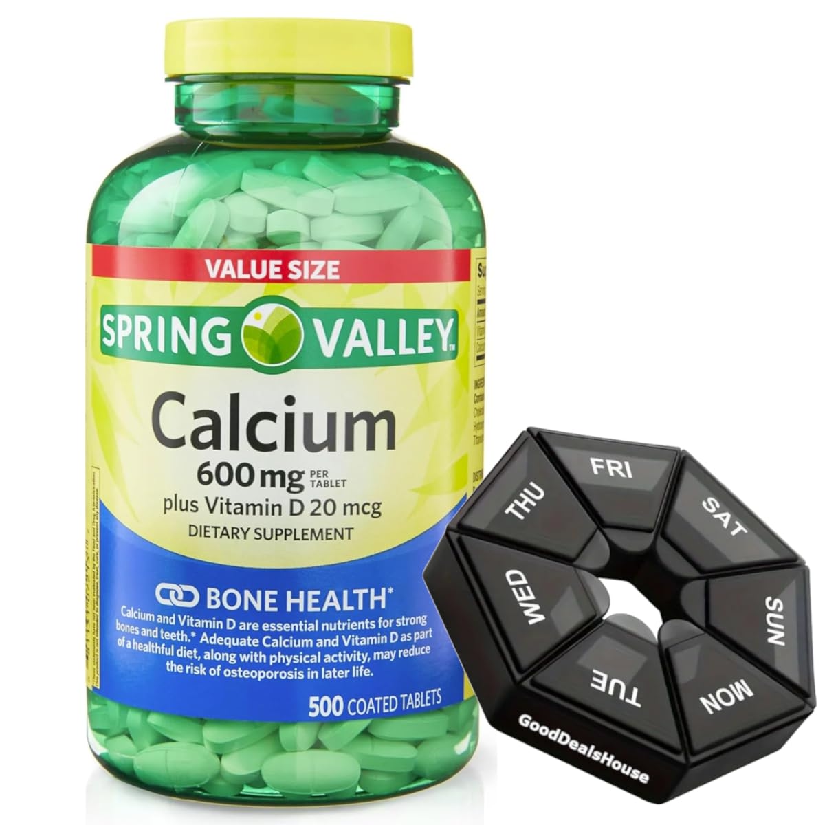 GoodDealsHouse Calcium Supplement 600mg + Vitamin D 20mcg bottle front view