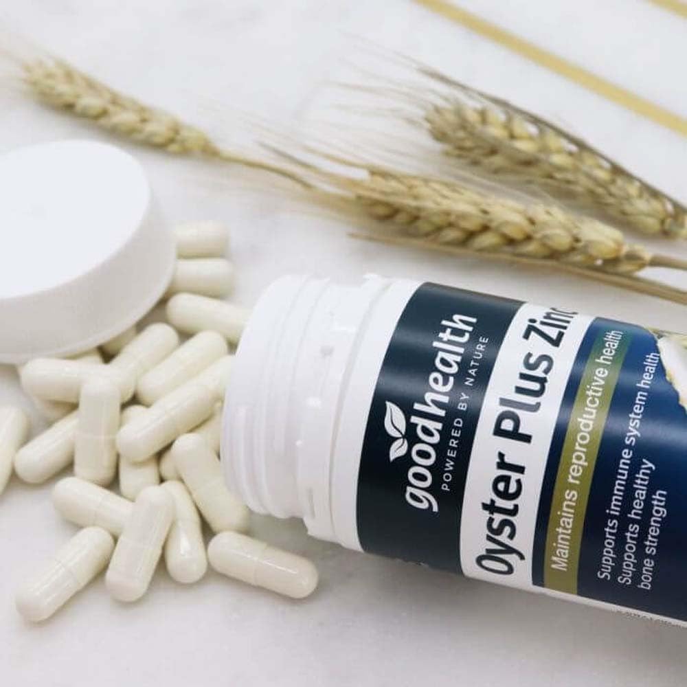 Goodhealth Oyster Plus Zinc Supplement 350mg on a wooden table