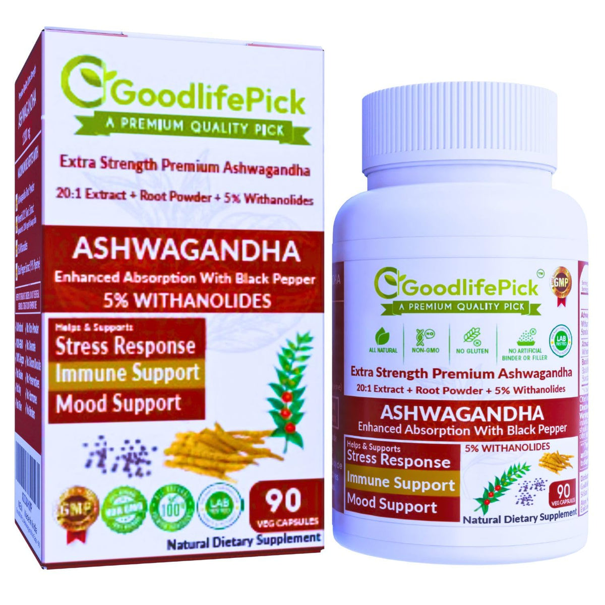 GoodlifePick Ashwagandha Supplement 90 capsules front view
