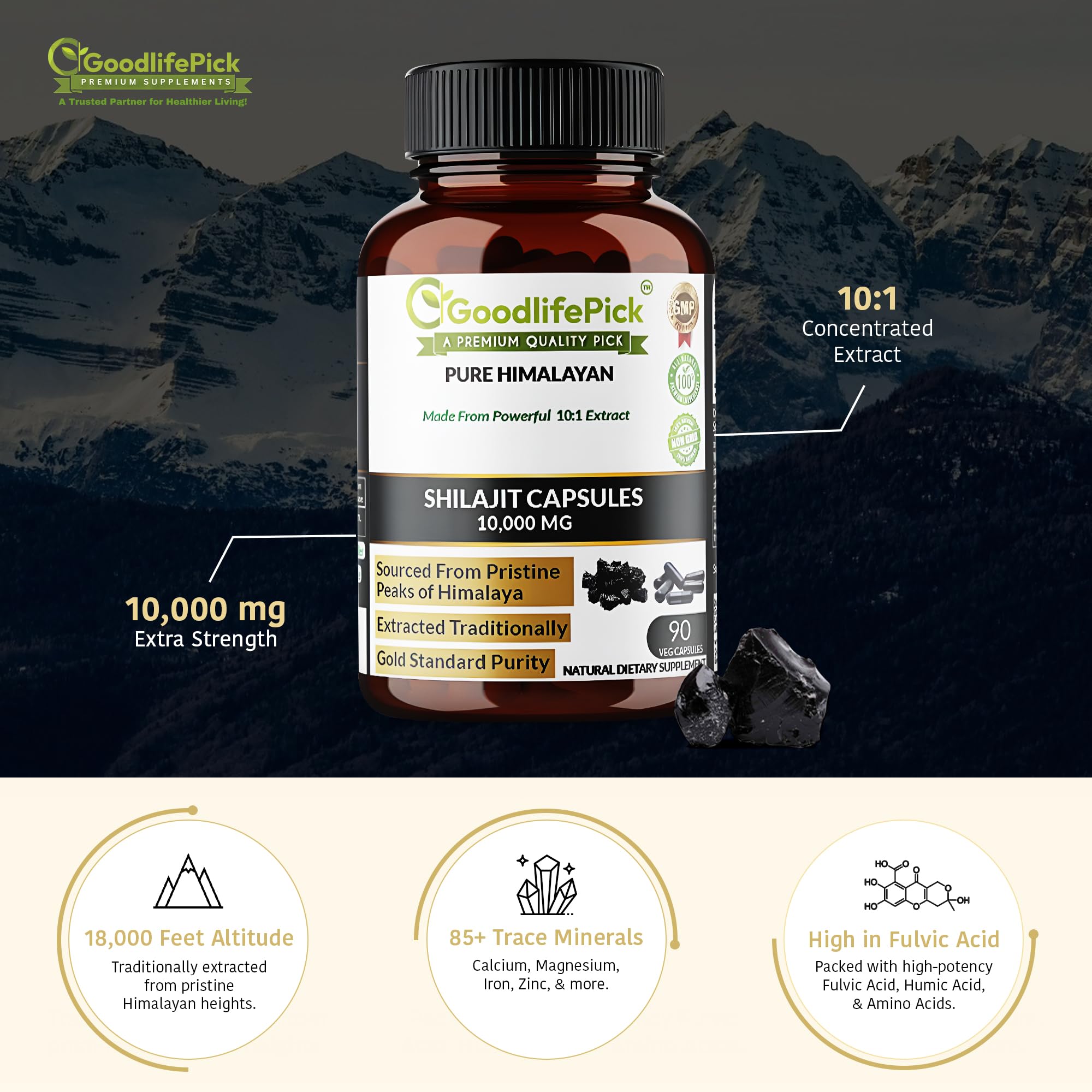 GoodlifePick Pure Himalayan Shilajit capsules side view