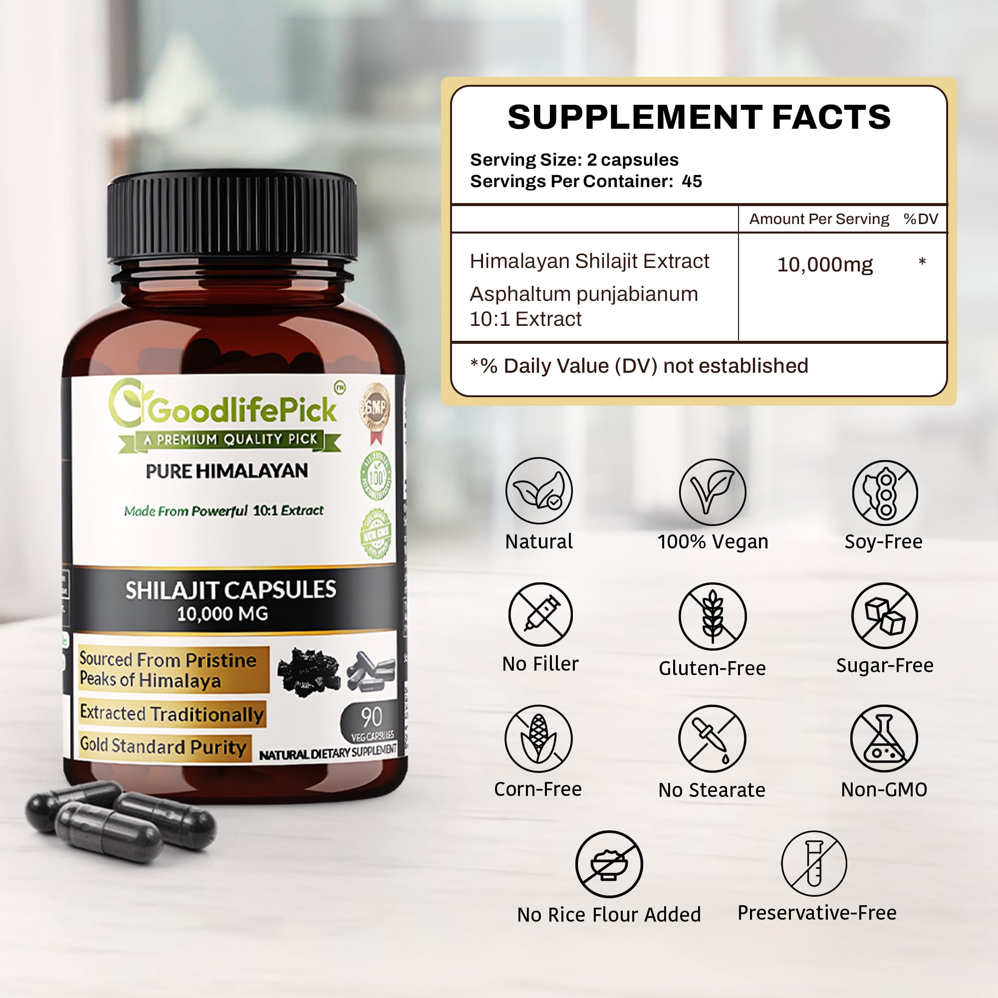 GoodlifePick Pure Himalayan Shilajit capsules with Himalayan background