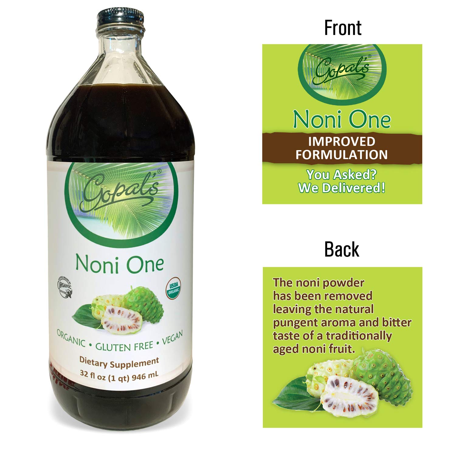 Gopal's Noni One Organic Noni Juice 907g label close-up