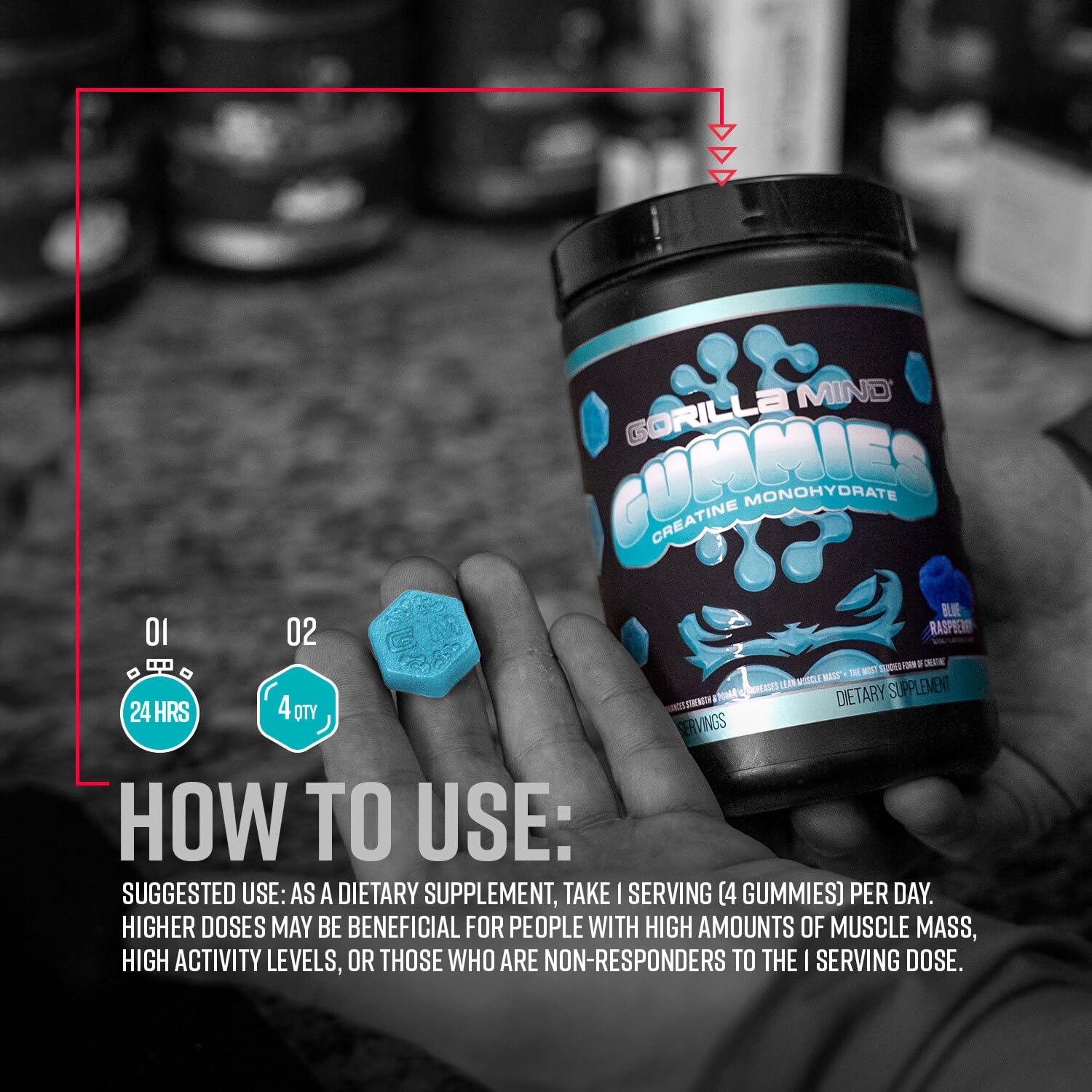 Gorilla Mind Creatine Gummies back view with ingredients