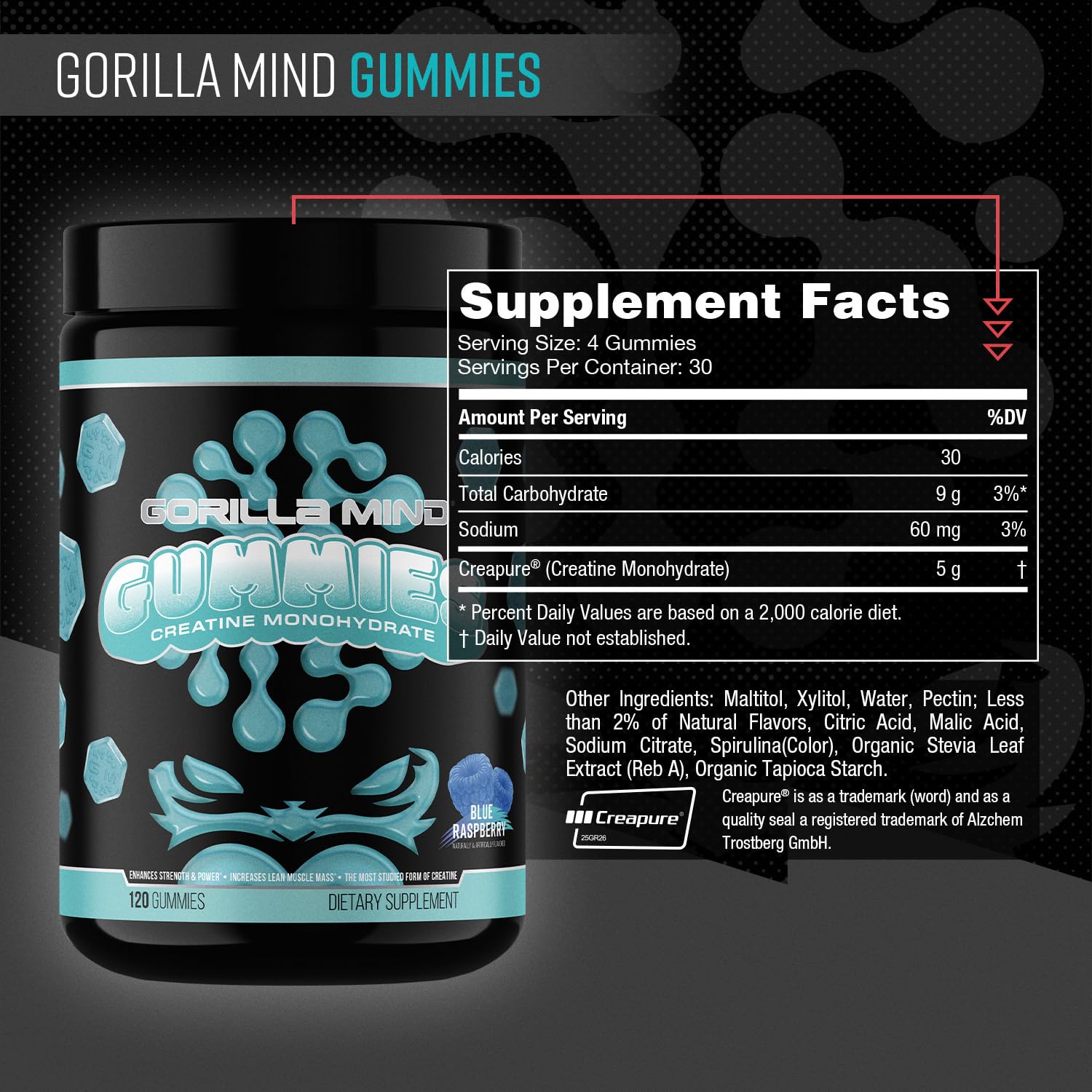 Gorilla Mind Creatine Gummies side view with dosage details