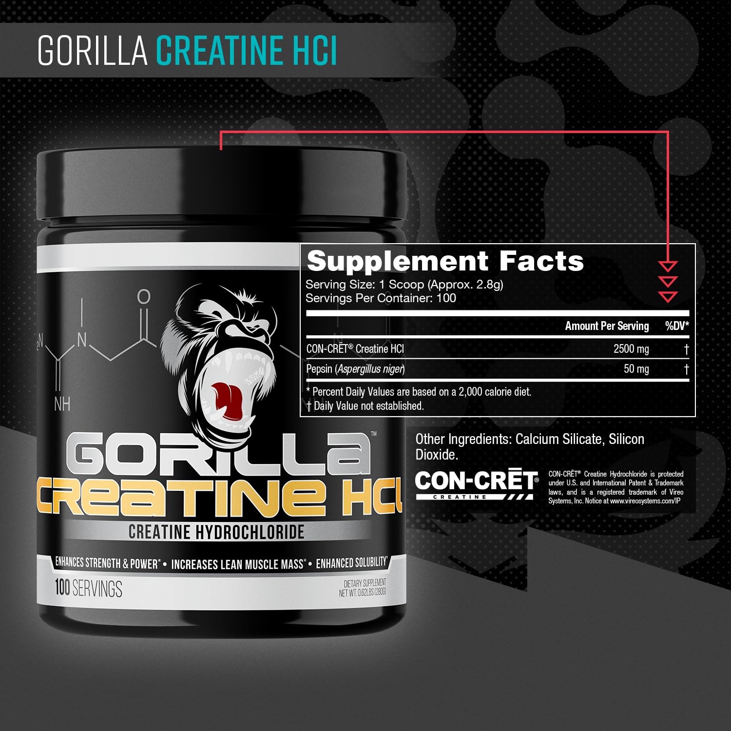 Gorilla Mind Creatine HCl 280g side view showing label details