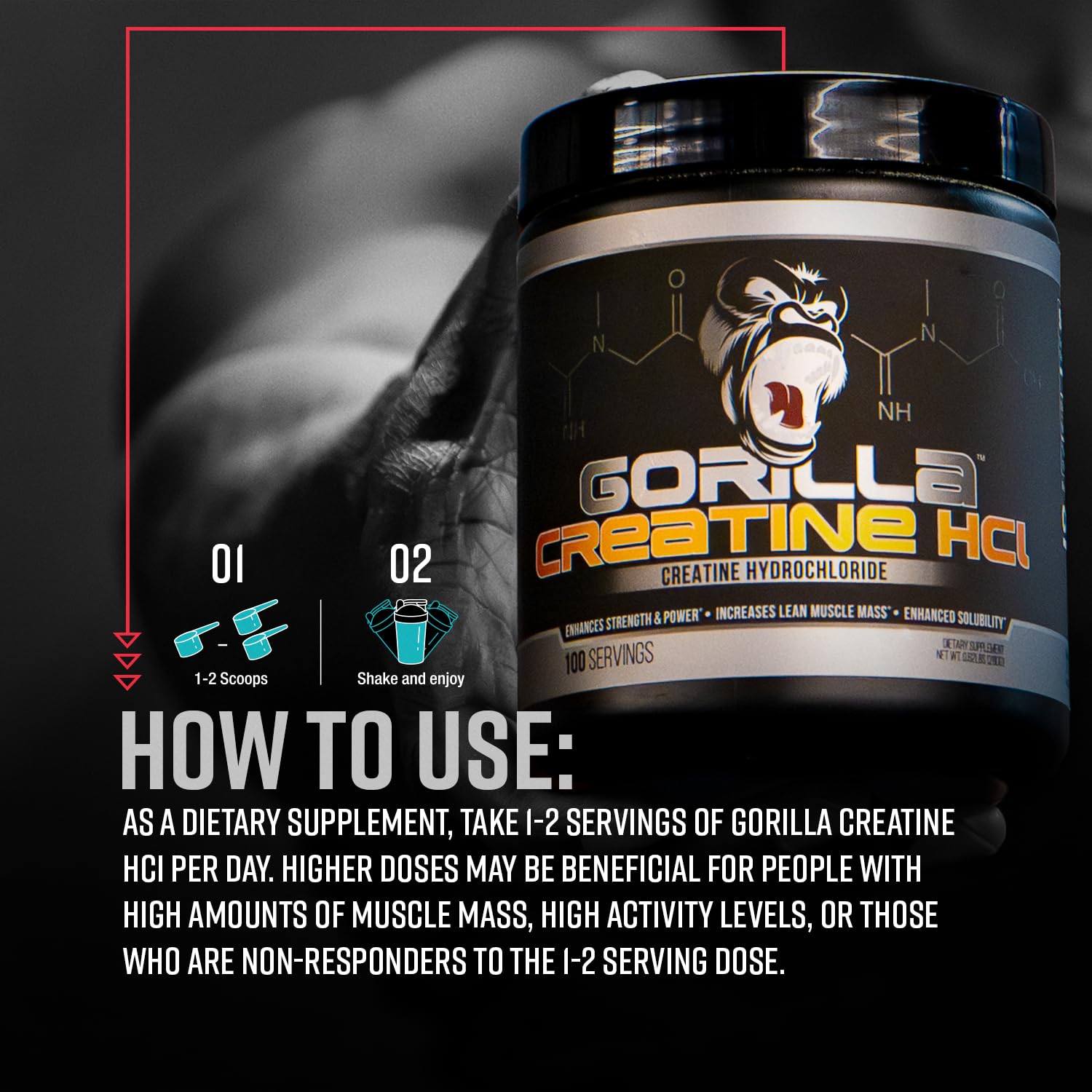 Gorilla Mind Creatine HCl 280g with a shaker bottle