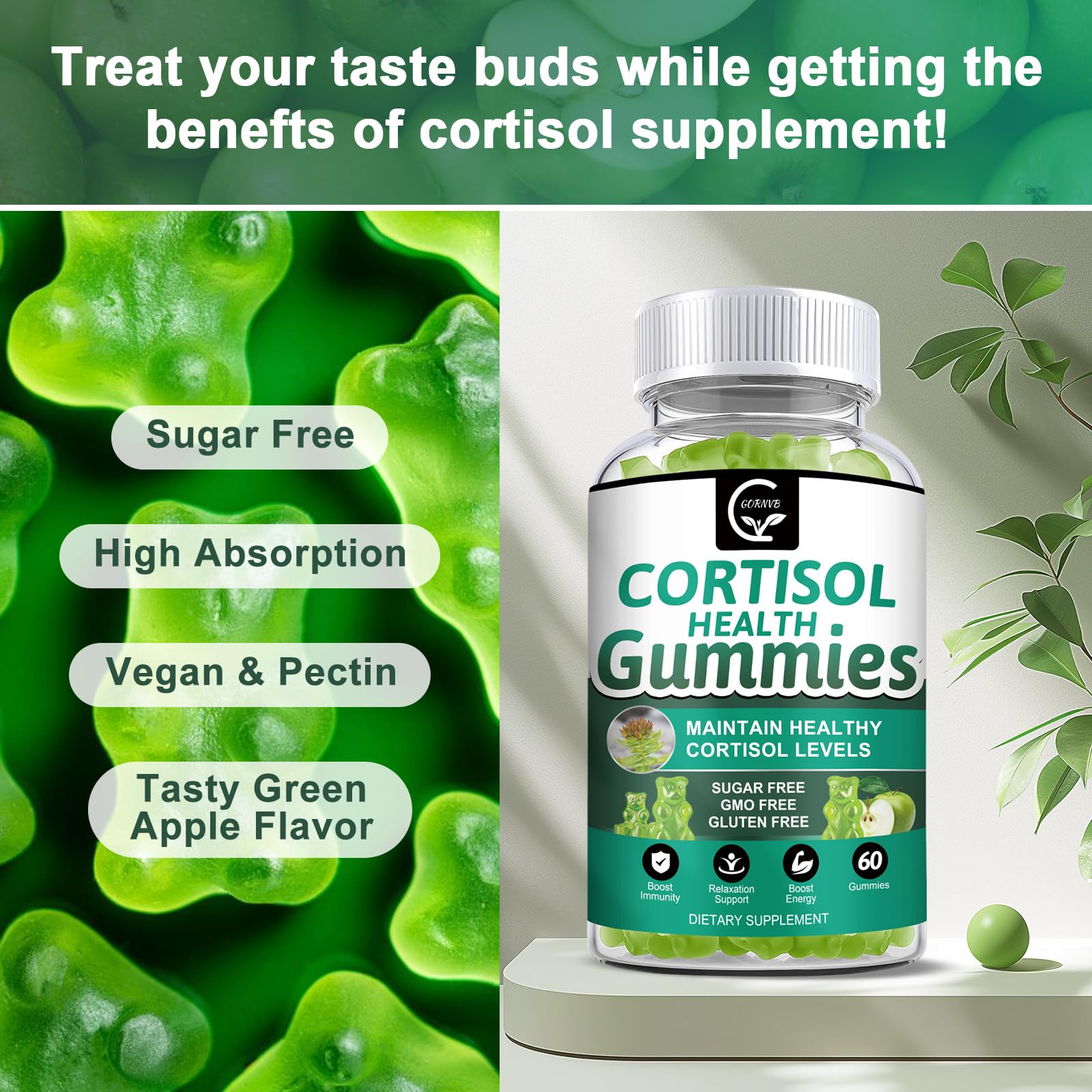 GORNVB 9 IN 1 Cortisol Gummies displayed with fresh fruits