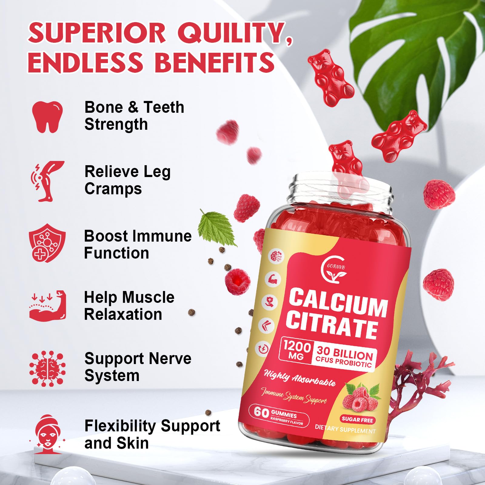 GORNVB Calcium Citrate Gummies displayed with ingredients