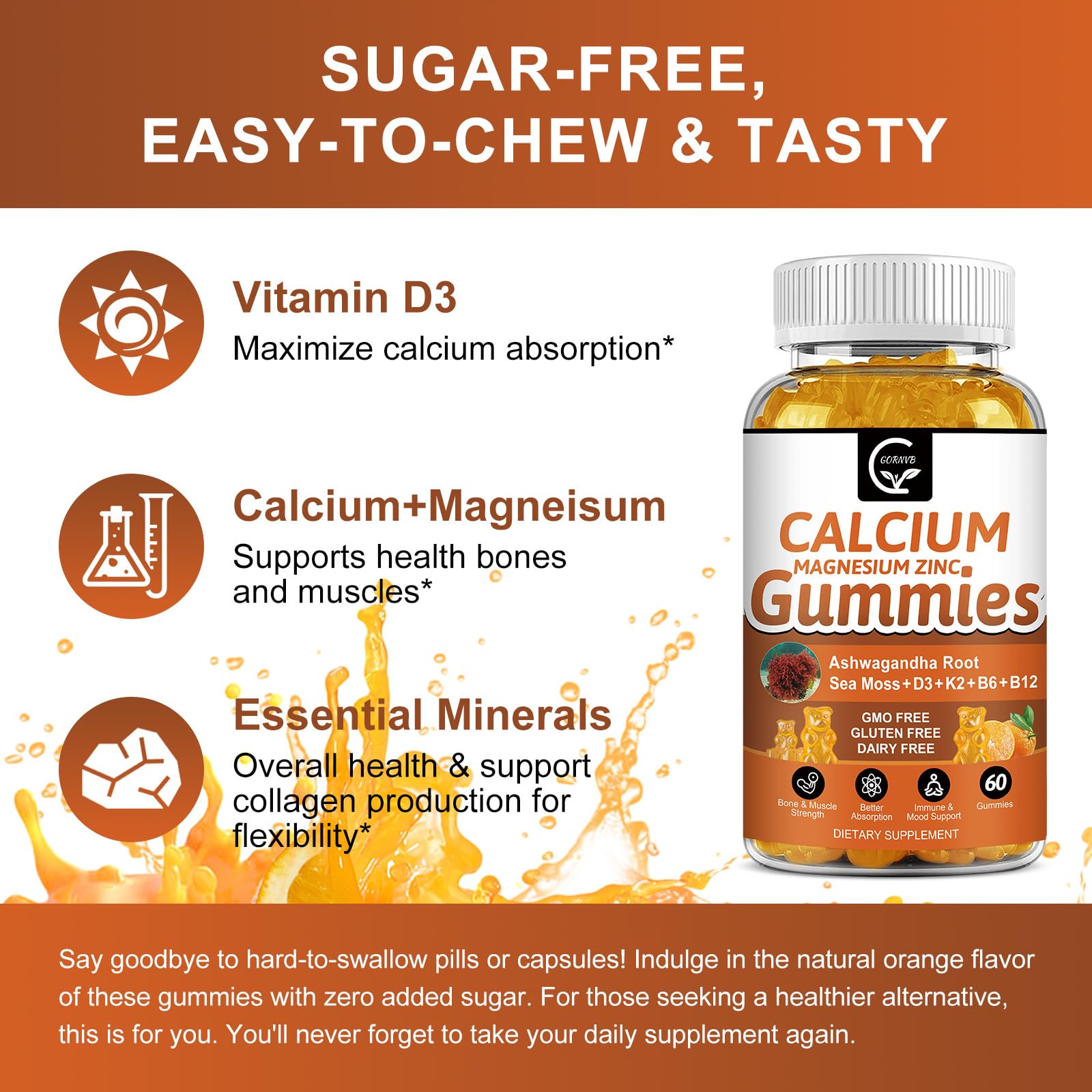 GORNVB Calcium Magnesium Zinc Gummies with fresh oranges