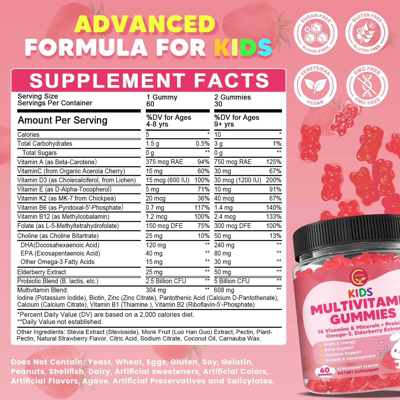 GORNVB Kids Multivitamin Gummies strawberry flavour close-up