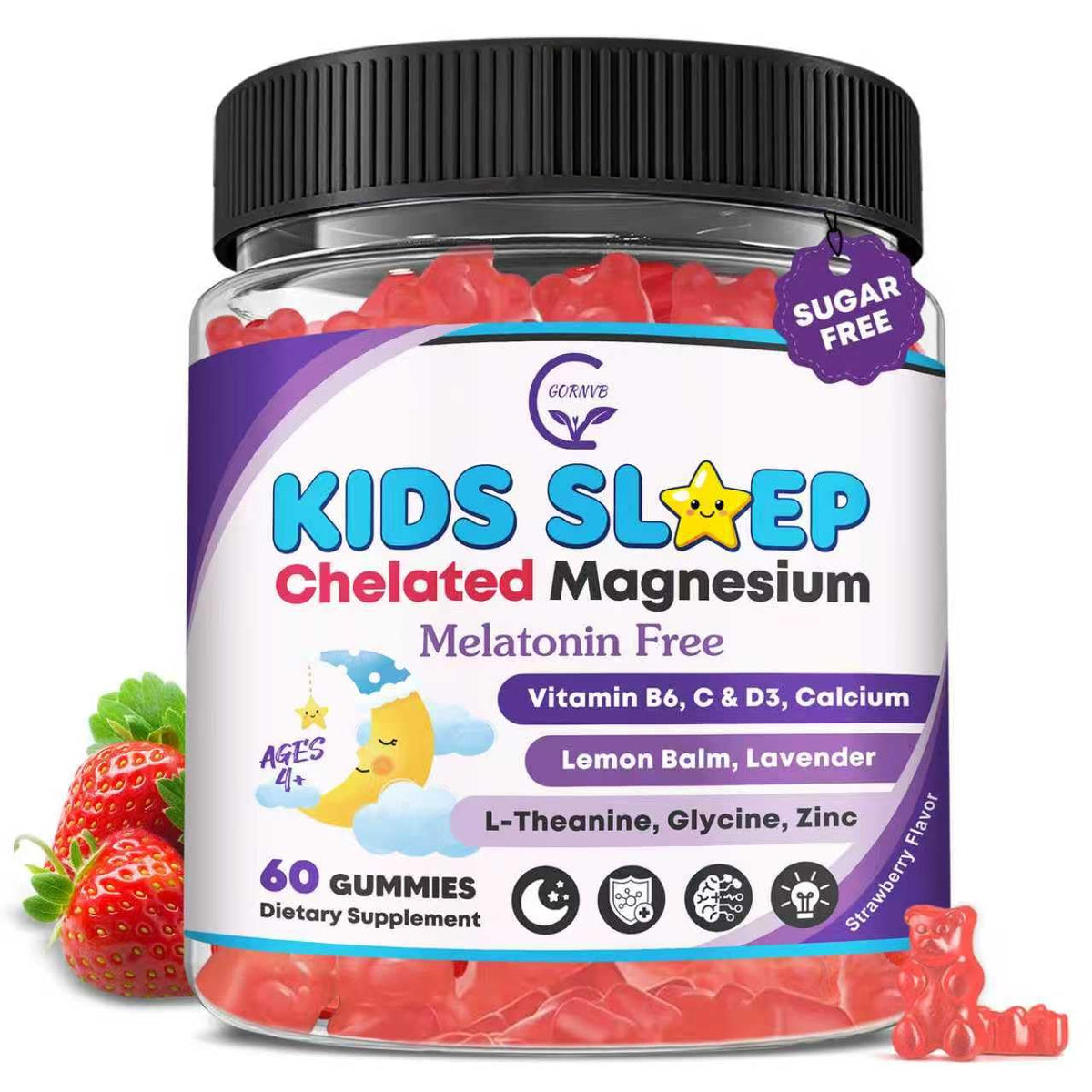 GORNVB Kids Sleep Gummies 60 Count front view with natural strawberry flavour