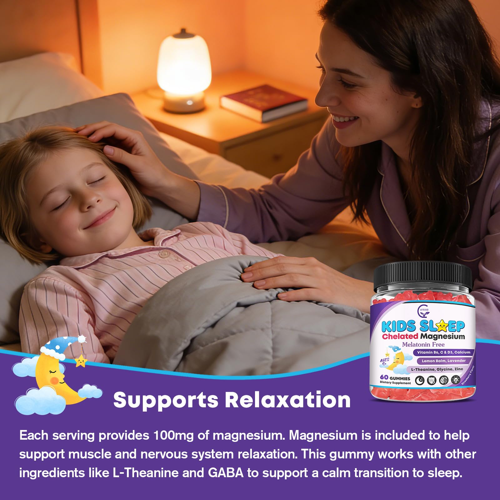 GORNVB Kids Sleep Gummies packaging with natural ingredients highlighted