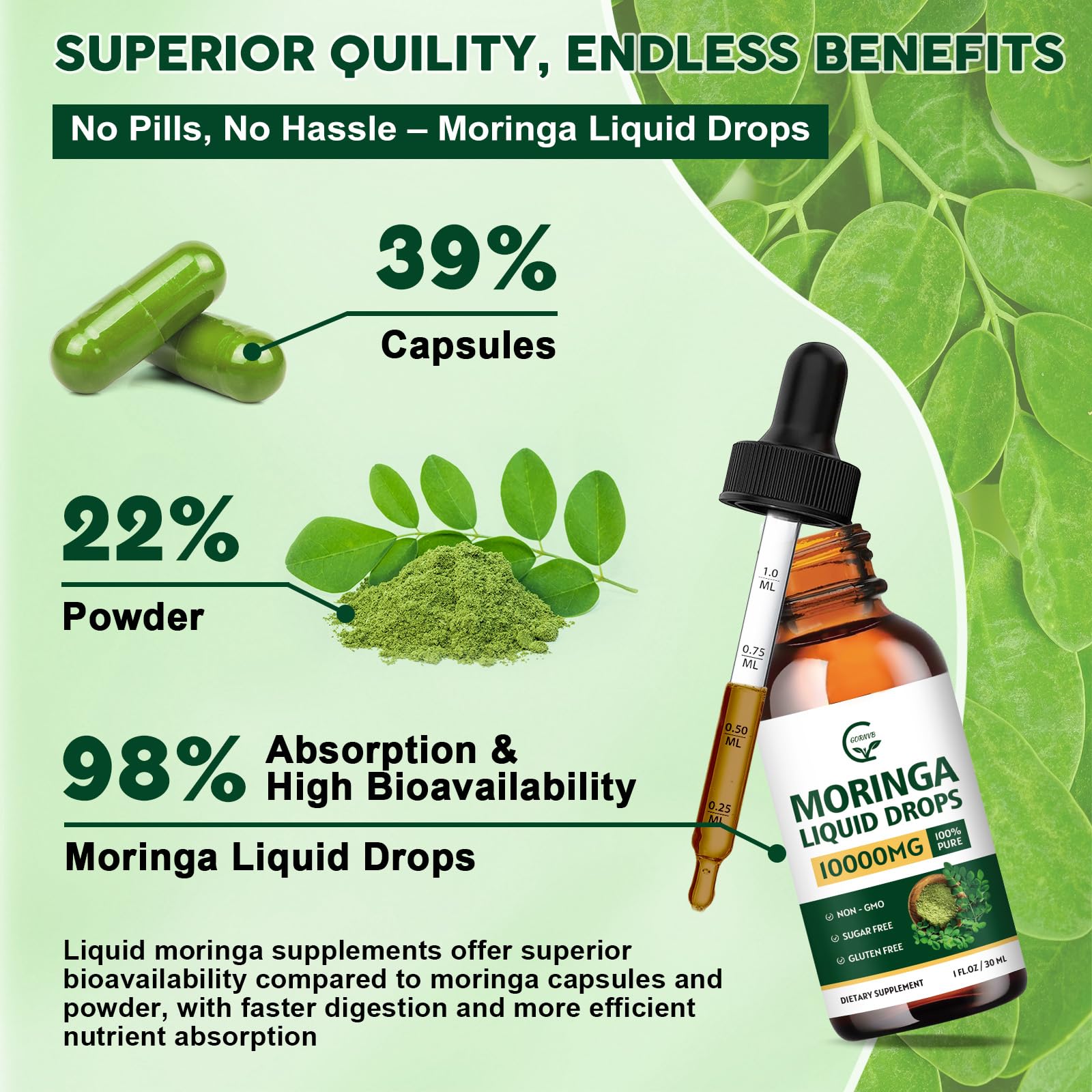 GORNVB Organic Moringa Liquid Drops 93g in a glass of water