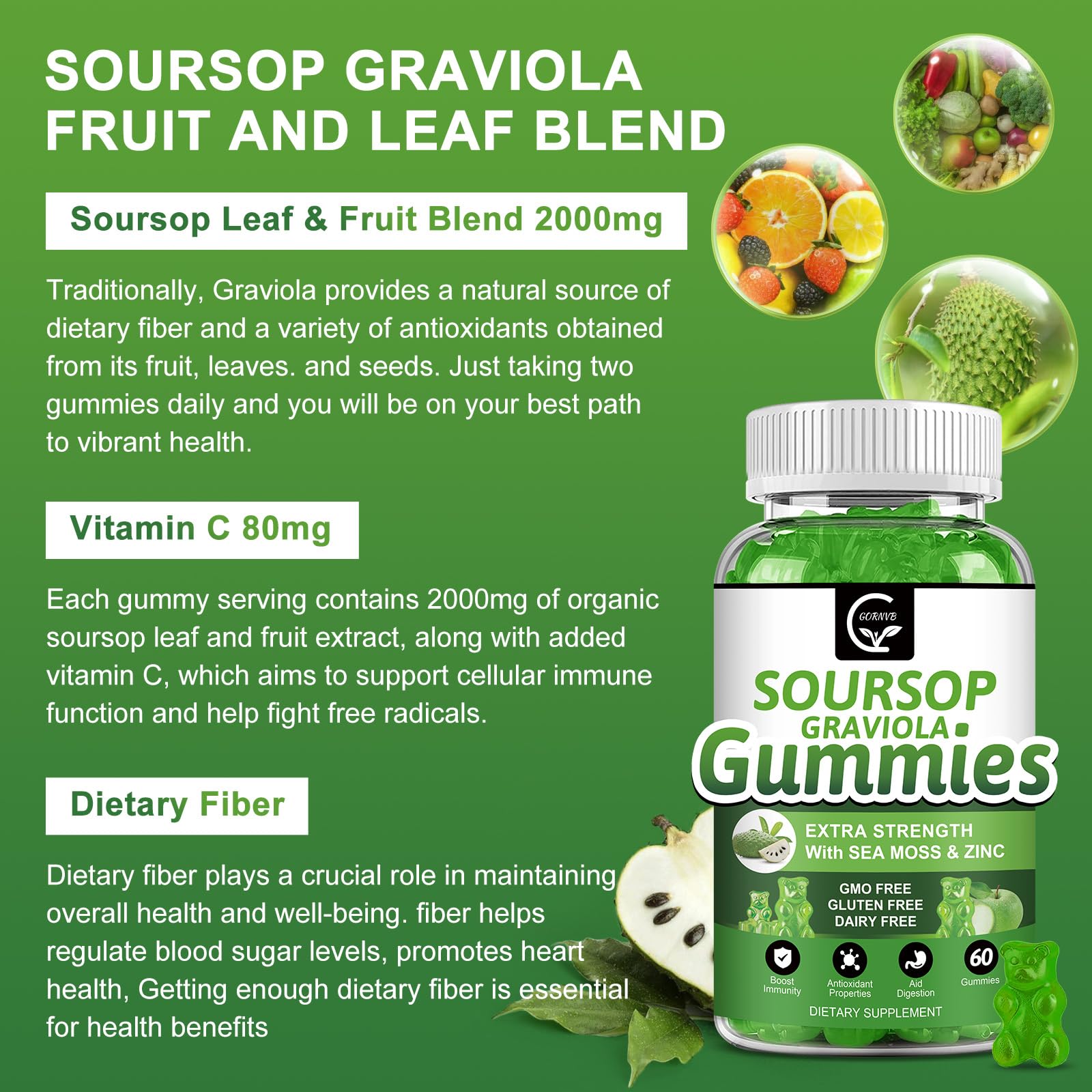 GORNVB Soursop Graviola Gummies packaging with nutritional information