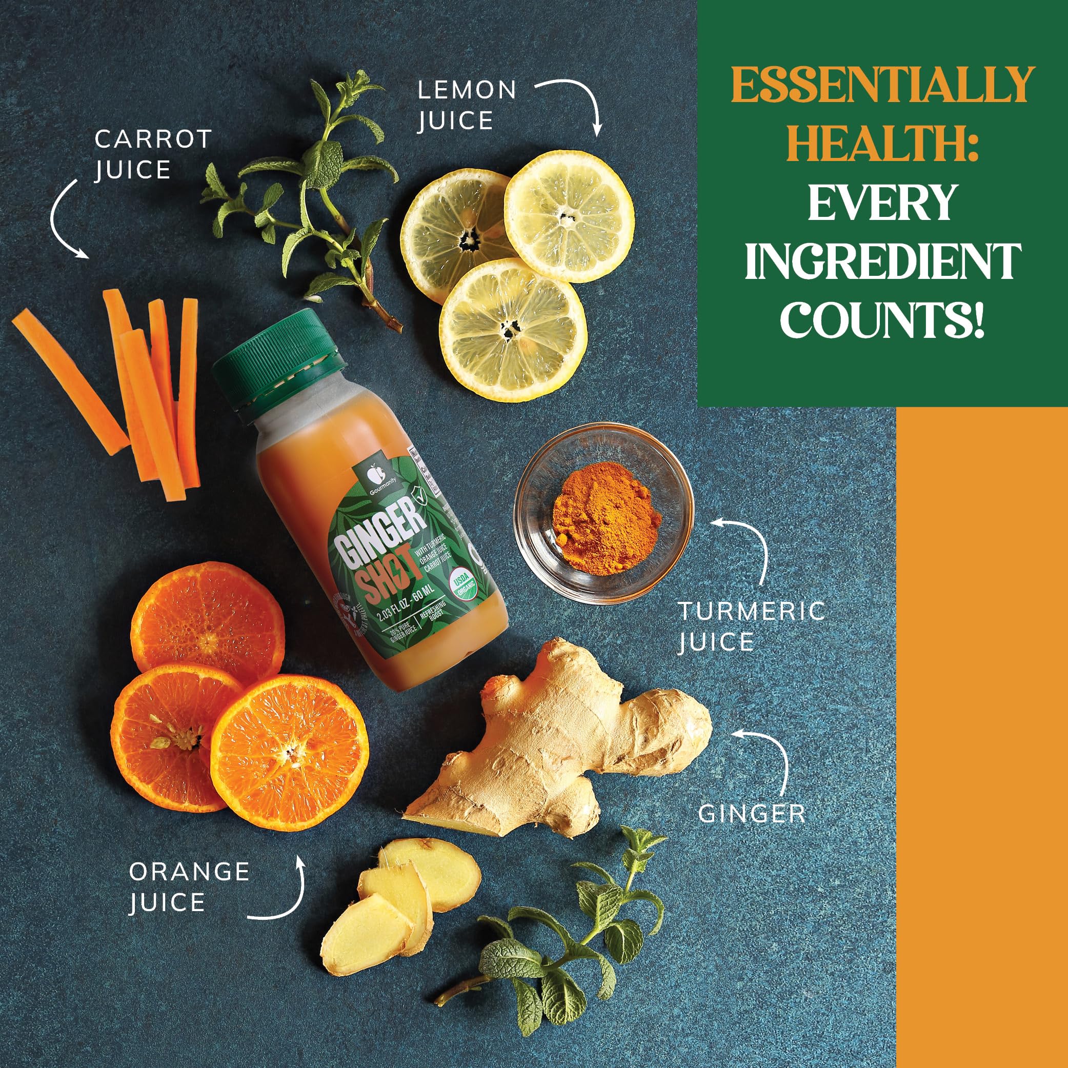 Gourmanity Organic Ginger Shots 60ml bottle with fresh ginger
