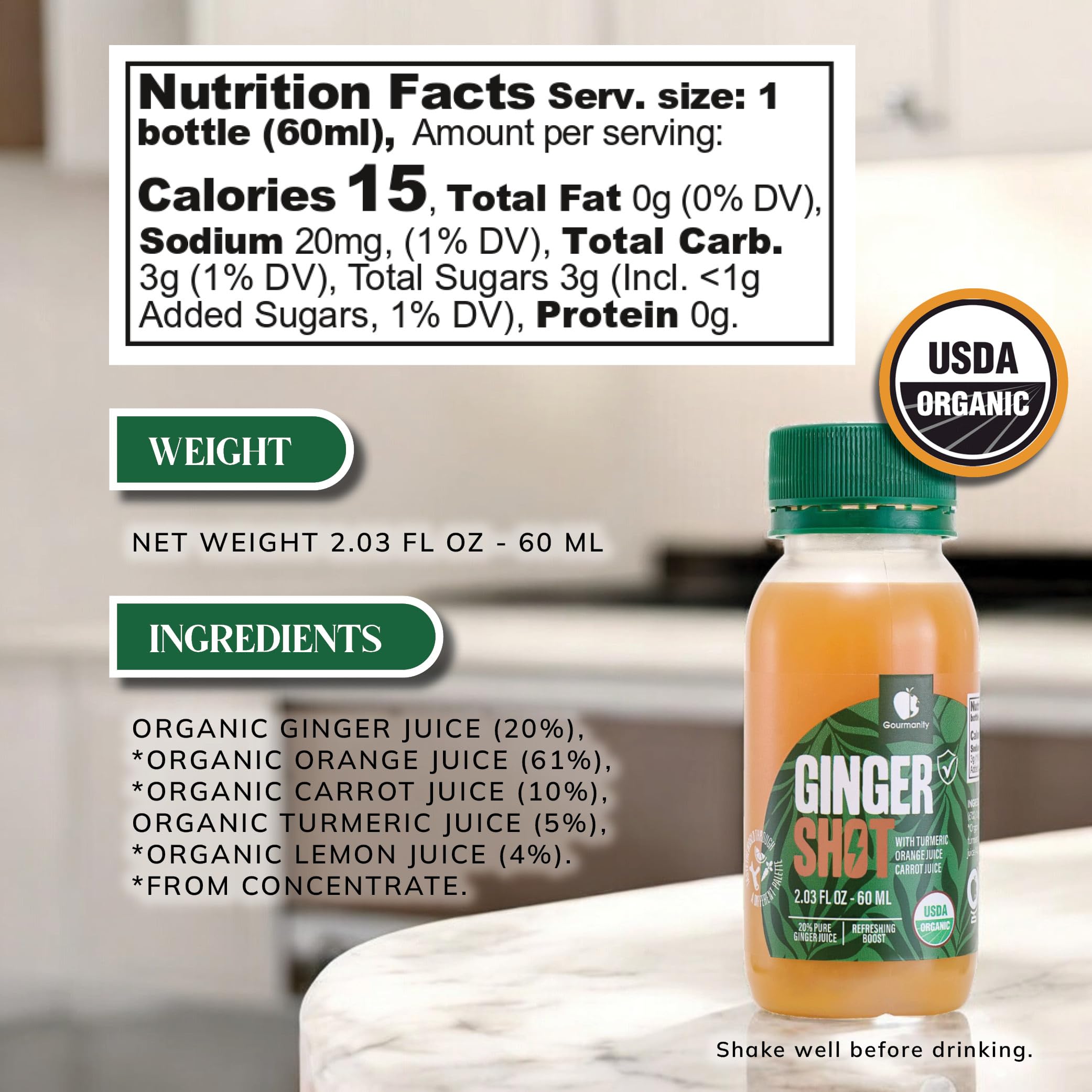 Gourmanity Organic Ginger Shots 60ml individual bottle side view