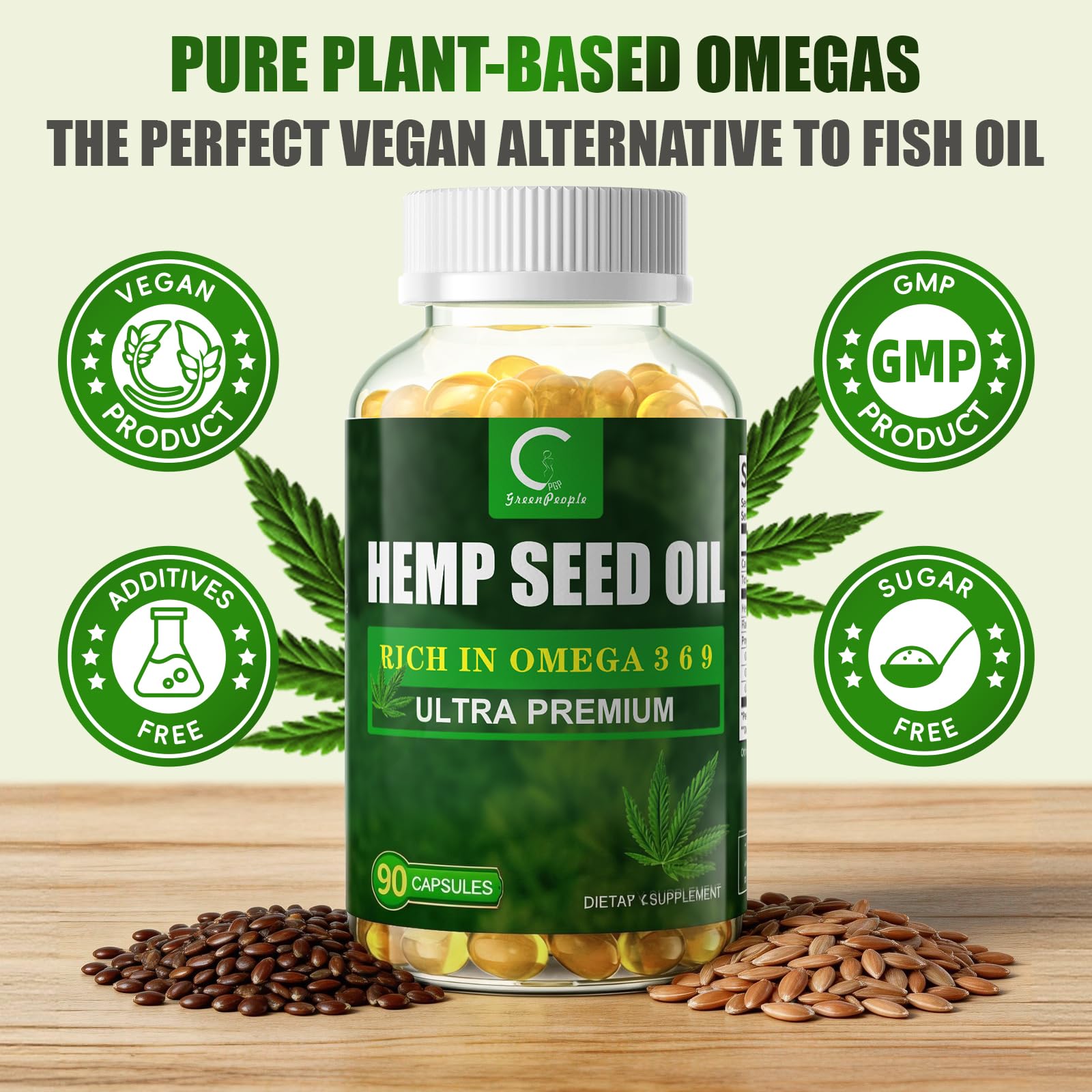 GPGP GreenPeople Omega 3-6-9 Softgels on a wooden table