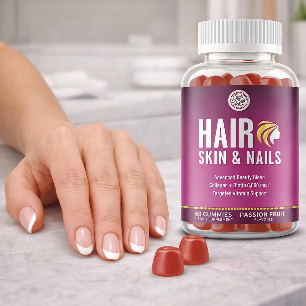Grab The Gold Biotin Gummies displayed on a wooden table