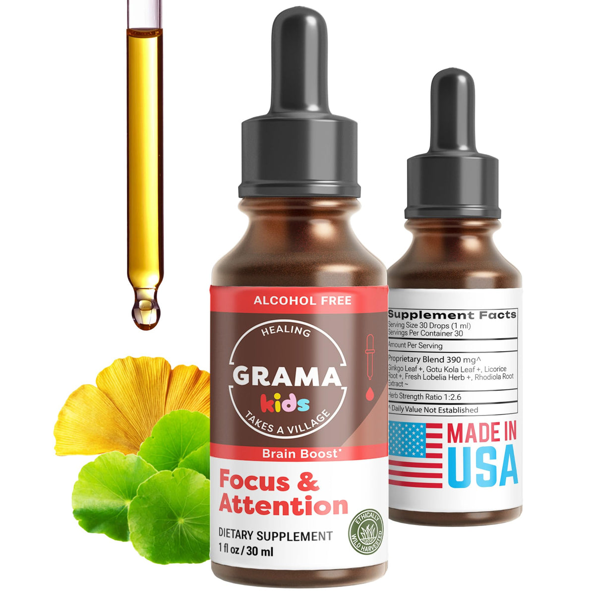 Grama Organic Kids Focus Drops 85g front view with label