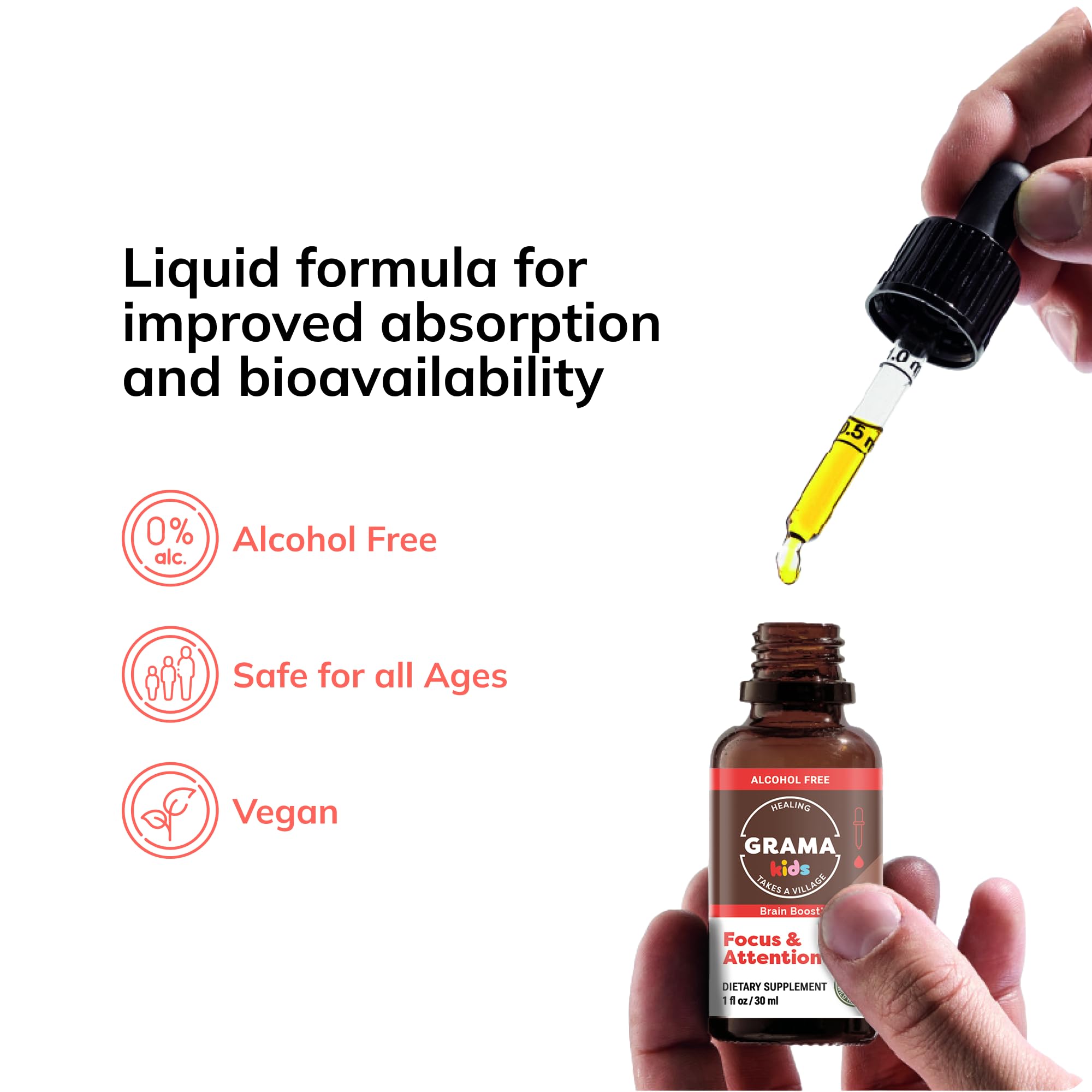 Grama Organic Kids Focus Drops 85g in hand for easy use