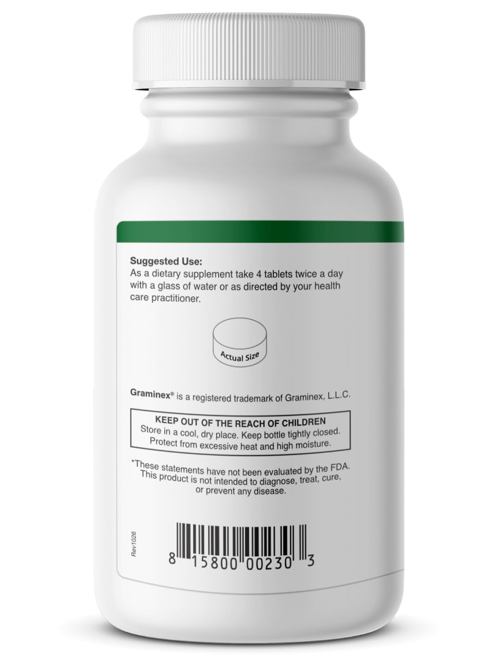 Graminex Wheatgrass Tablets side view with nutritional information