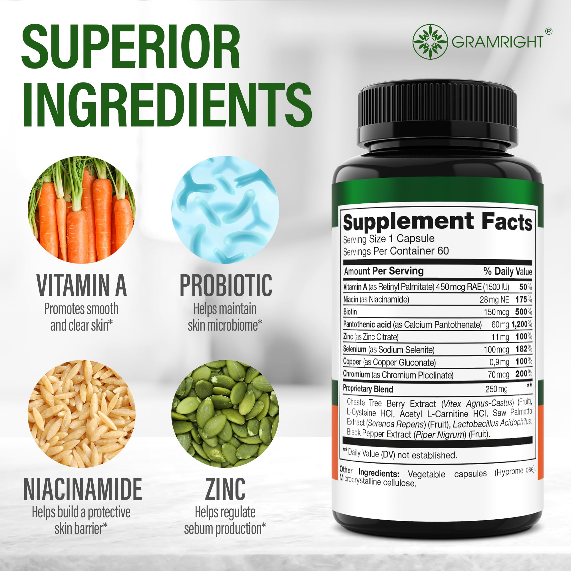 GRAMRIGHT Perfect Skin Acne Supplement bottle with label