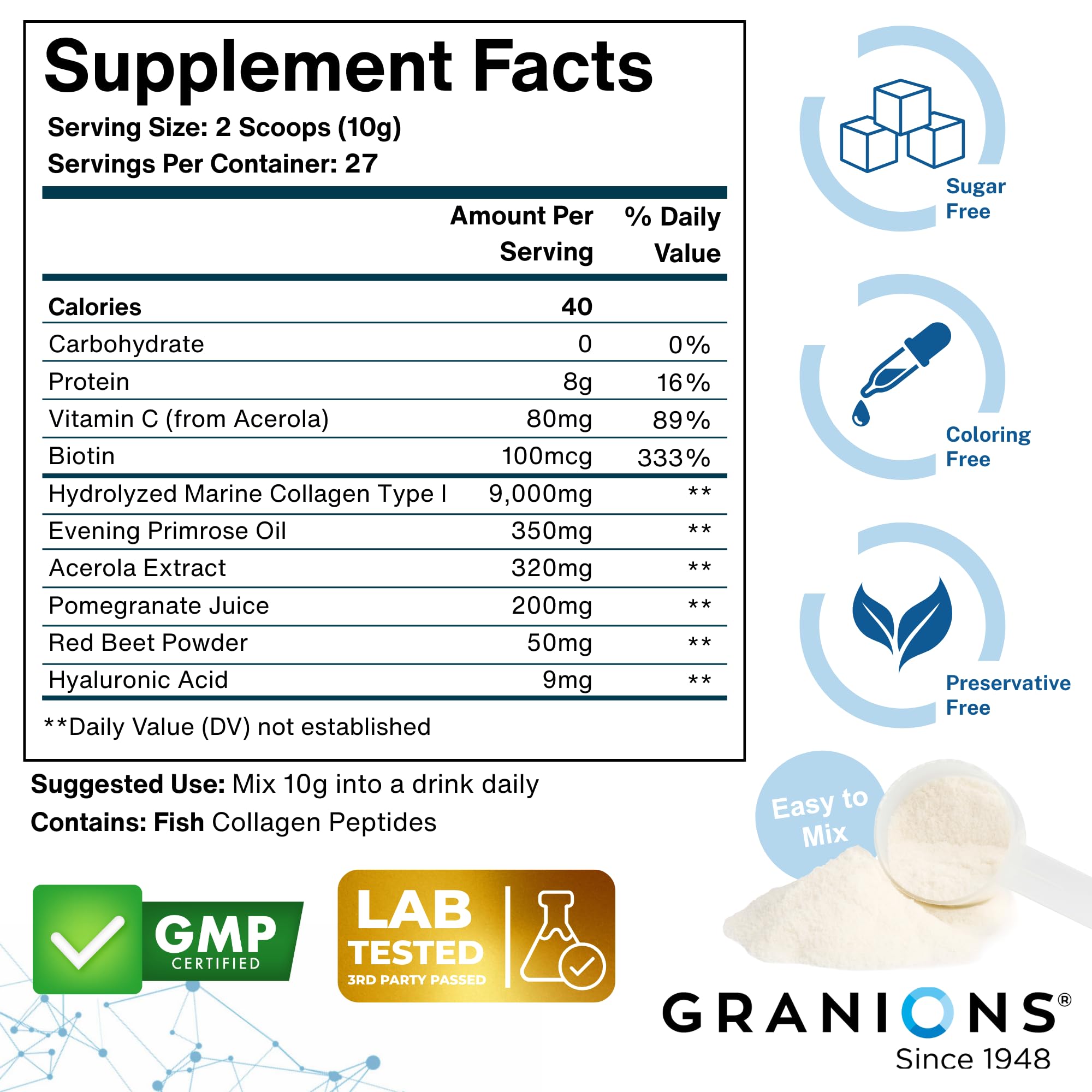 Granions Collagen Complex Powder scoop next to the container