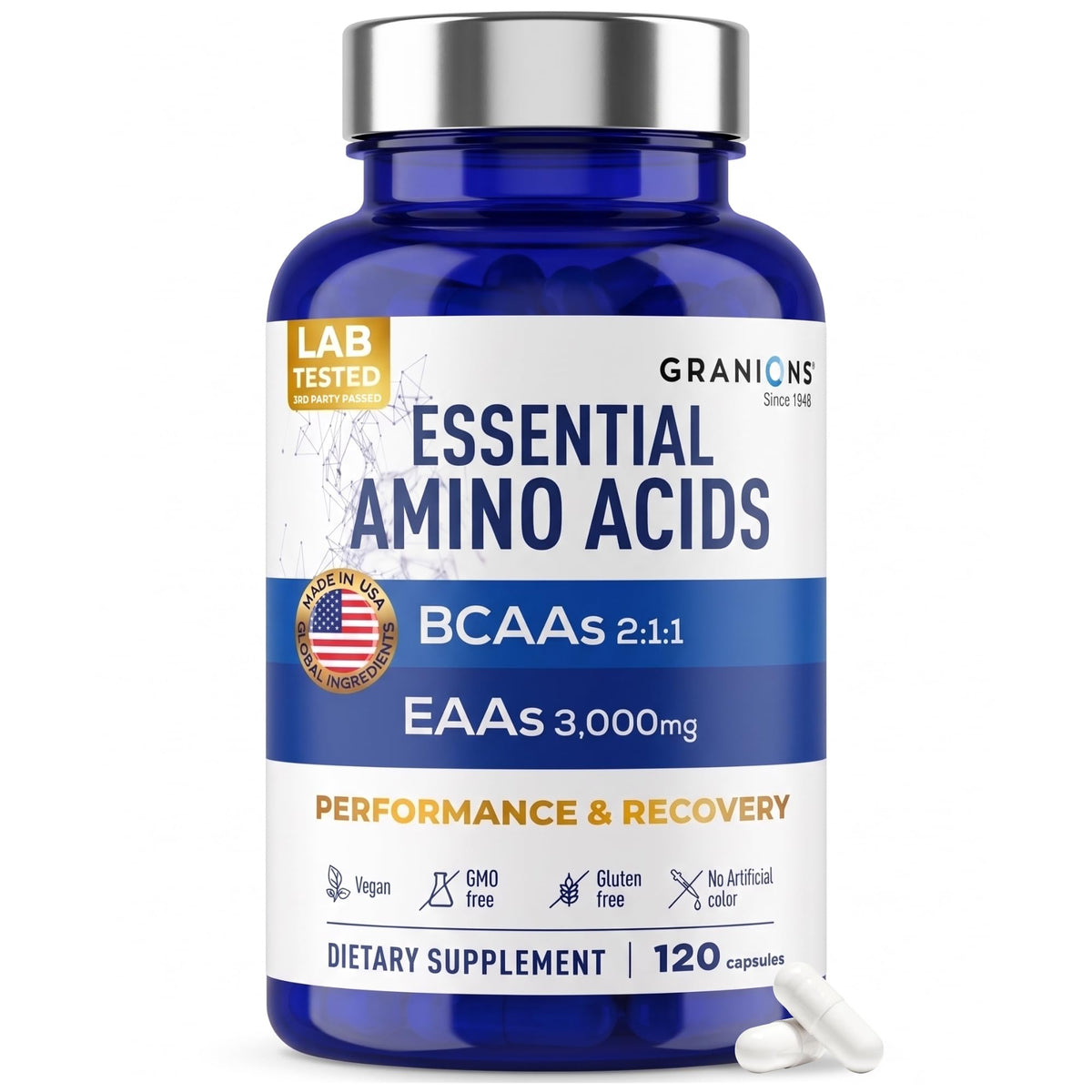 Granions EAA BCAA Amino Acid Supplement 90 Capsules front view