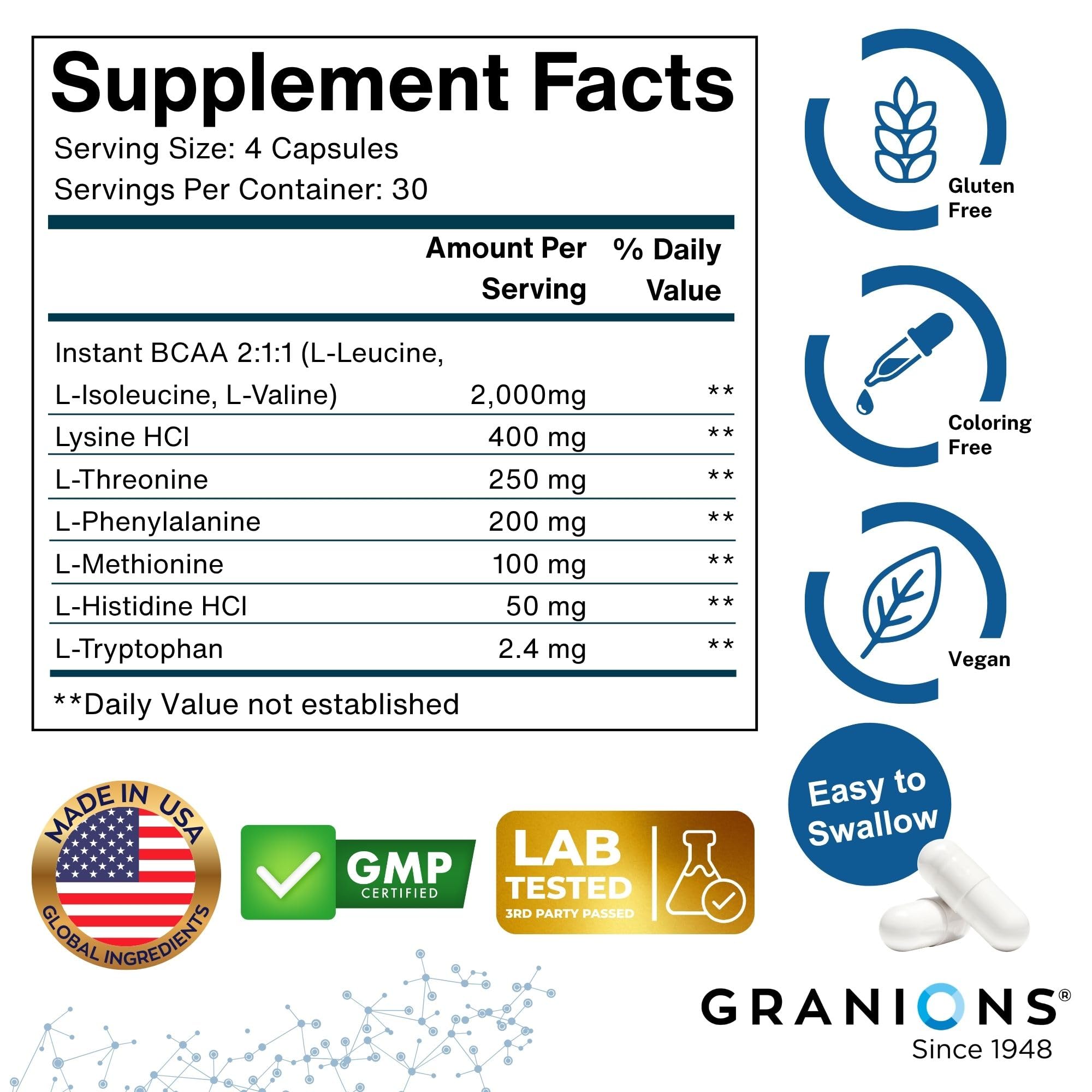 Granions EAA BCAA Amino Acid Supplement 90 Capsules on a wooden table