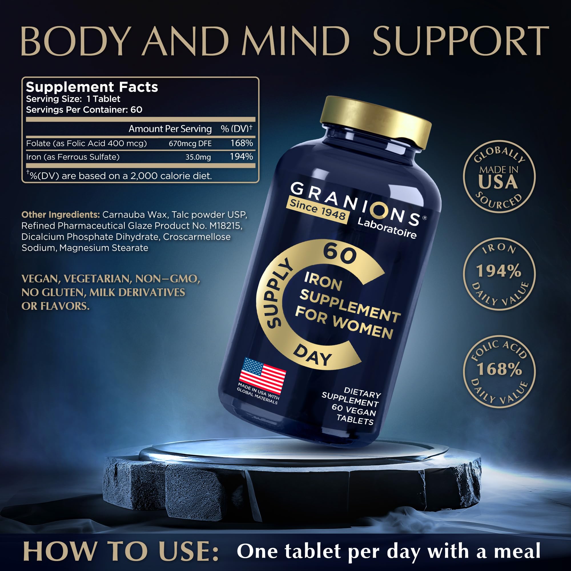 Granions Iron Supplement side view with dosage information