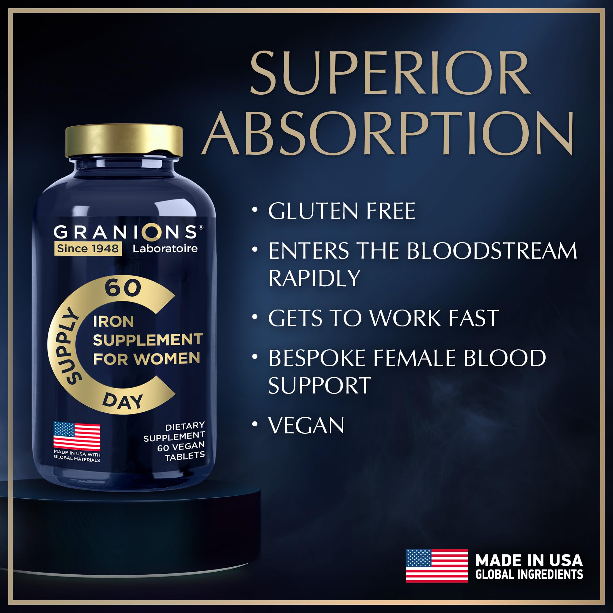 Granions Iron Supplement tablets on a wooden surface