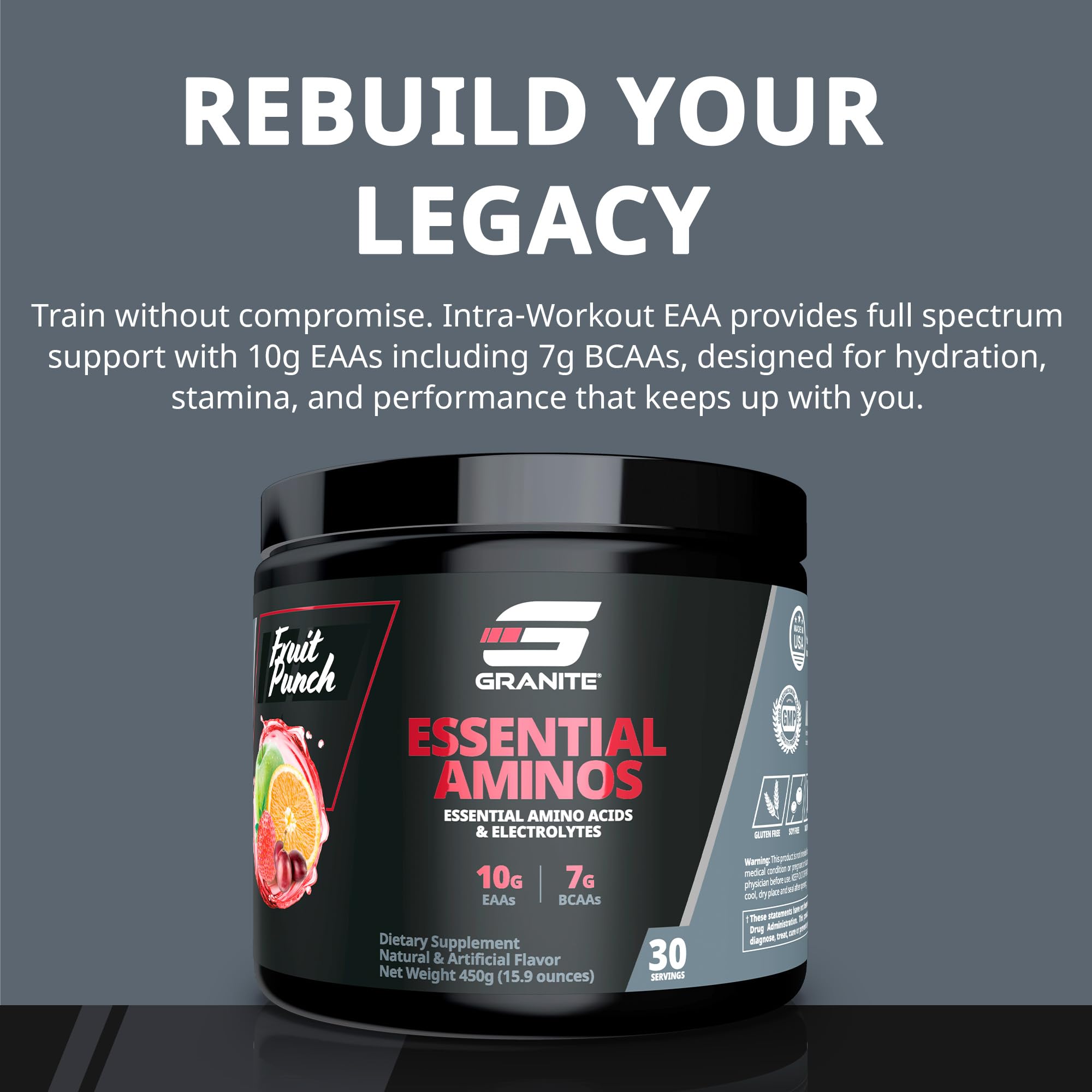 Granite Supplements BCAA EAA Amino Acids Powder 558g packaging