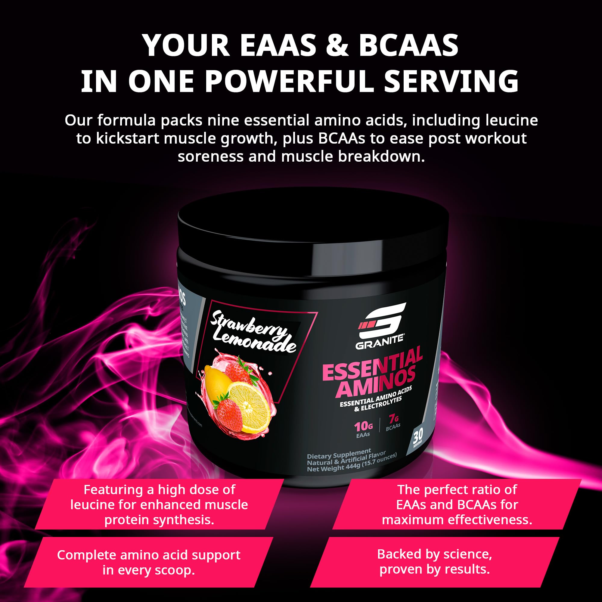 Granite Supplements EAAs BCAA Powder 390g in a gym setting