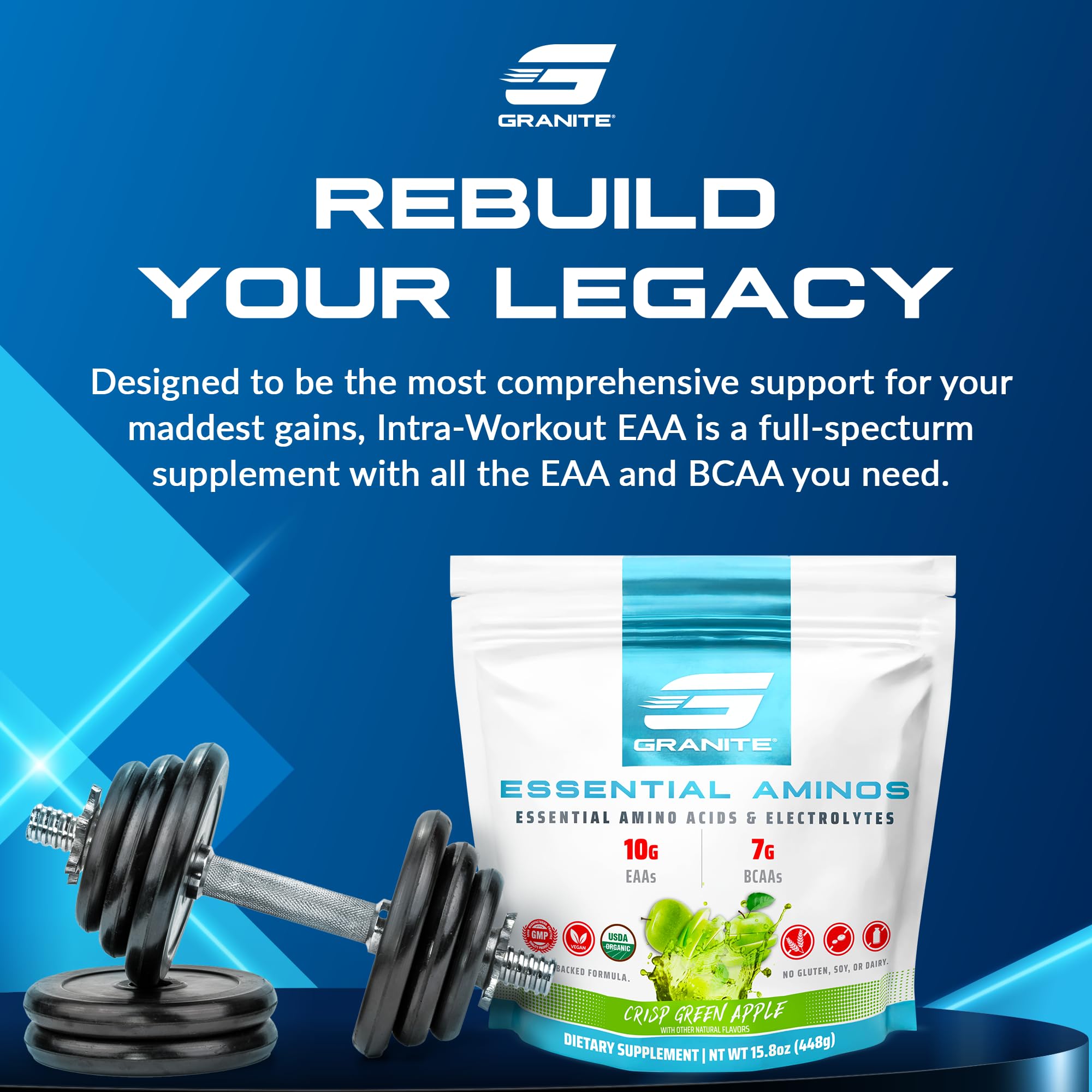 Granite Supplements Essential Amino Acids 390g back view with nutritional information