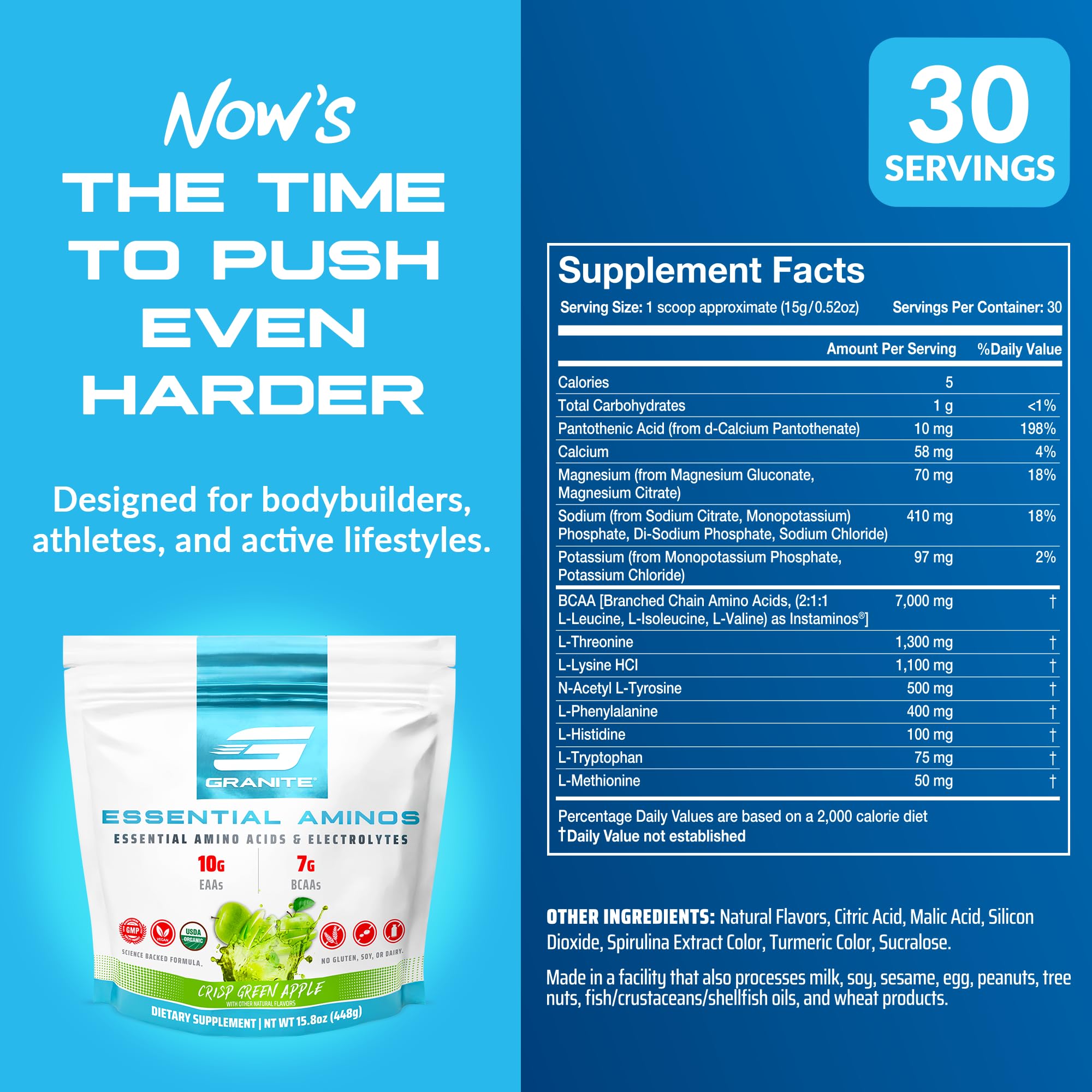 Granite Supplements Essential Amino Acids 390g side view with scoop