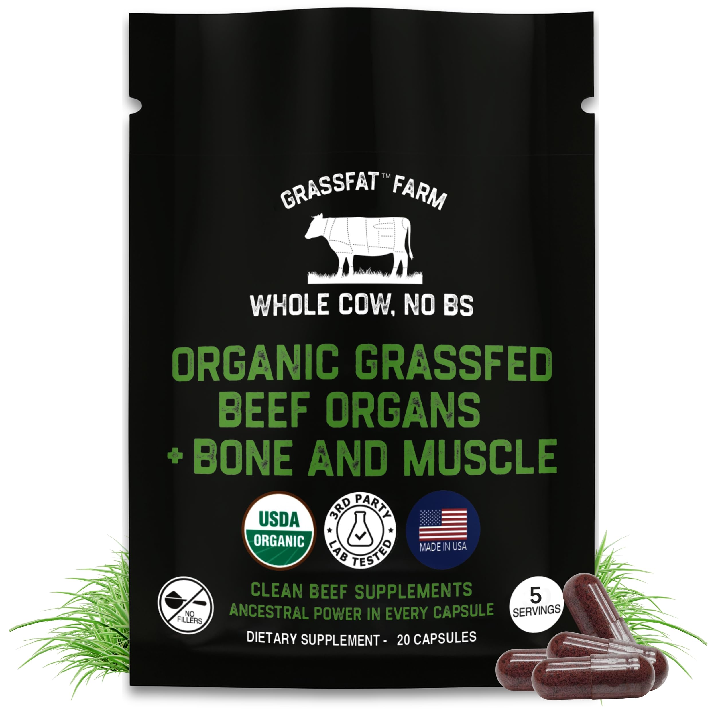Grassfat Beef Liver Capsules front view with packaging