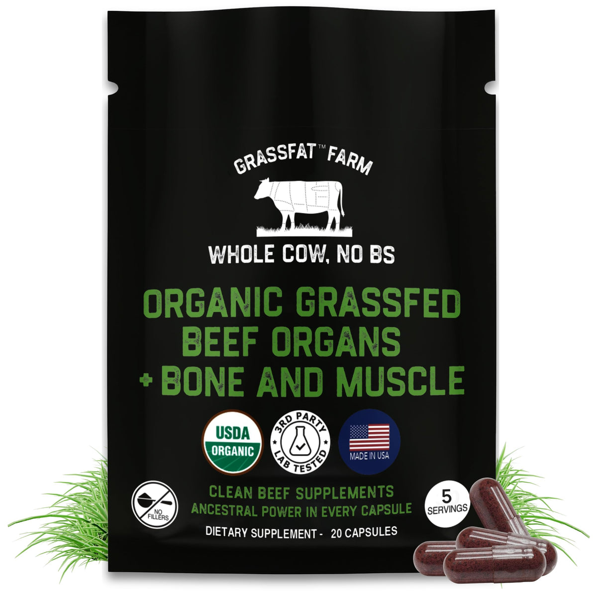 Grassfat Beef Liver Capsules front view with packaging