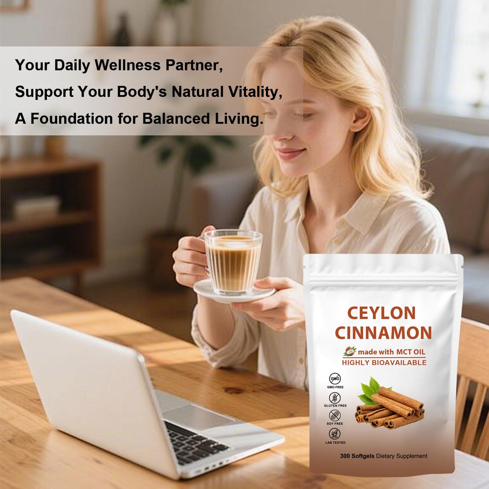 GraviGlow Ceylon Cinnamon Softgels displayed with a measuring spoon