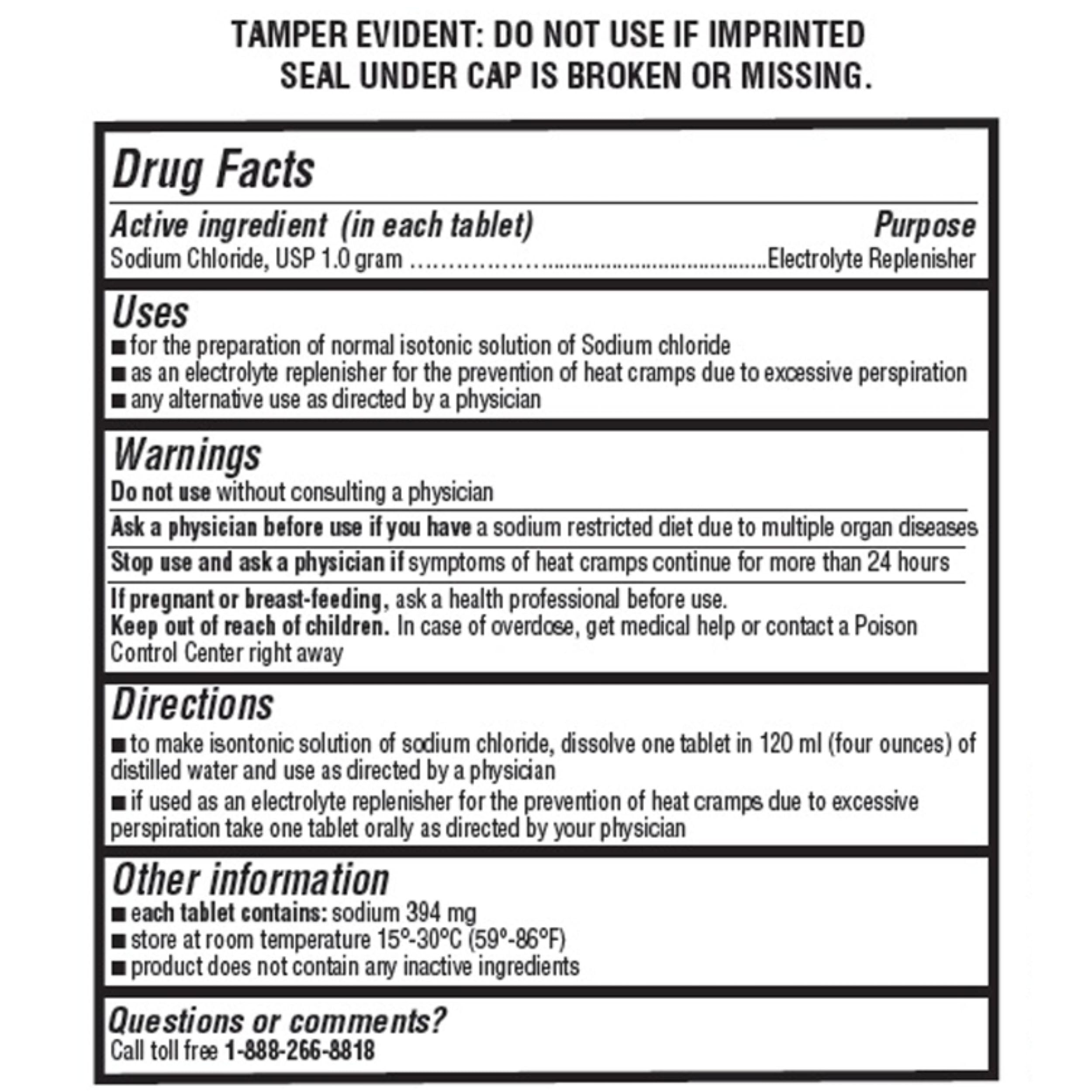 Graxcell Sodium Chloride Salt Pills back view with ingredient list