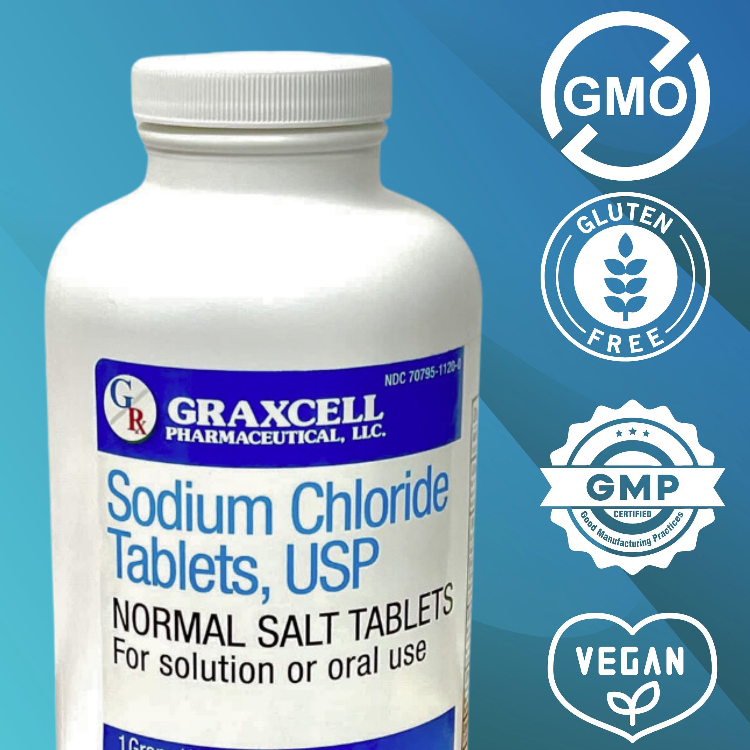 Graxcell Sodium Chloride Salt Pills displayed with water glass