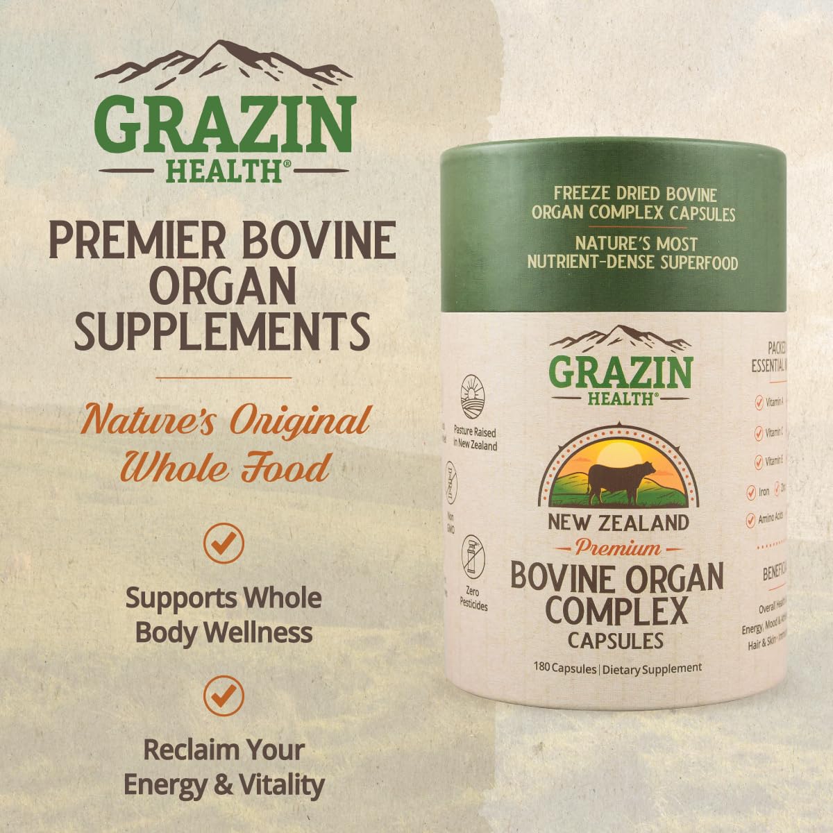 GRAZIN HEALTH Blended Vitamin & Mineral Supplement side view with packaging