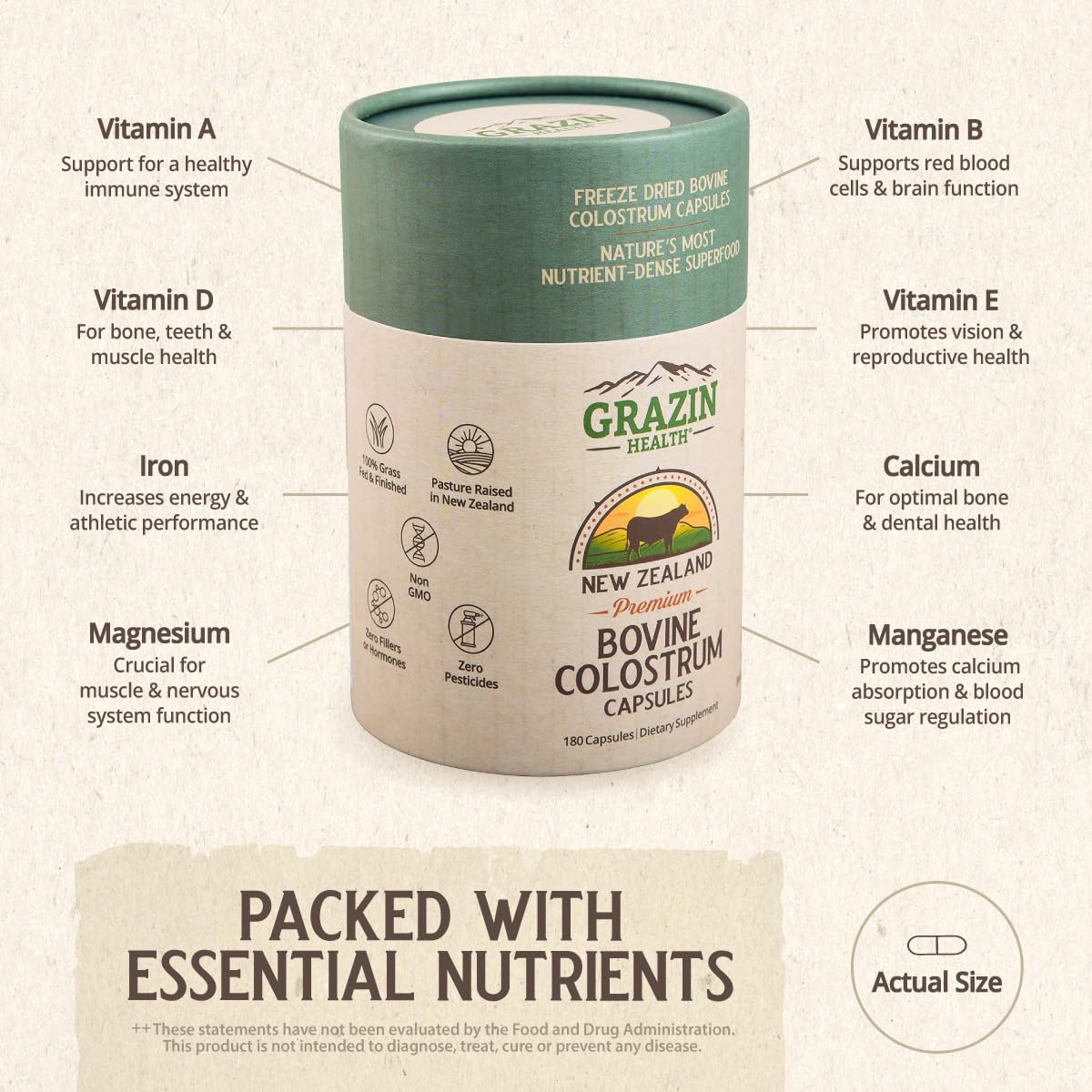 GRAZIN HEALTH Bovine Colostrum Capsules in a hand