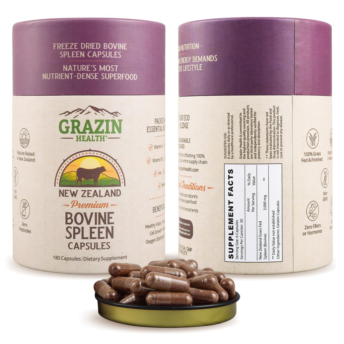 GRAZIN HEALTH Bovine Spleen Capsules 3000mg front view