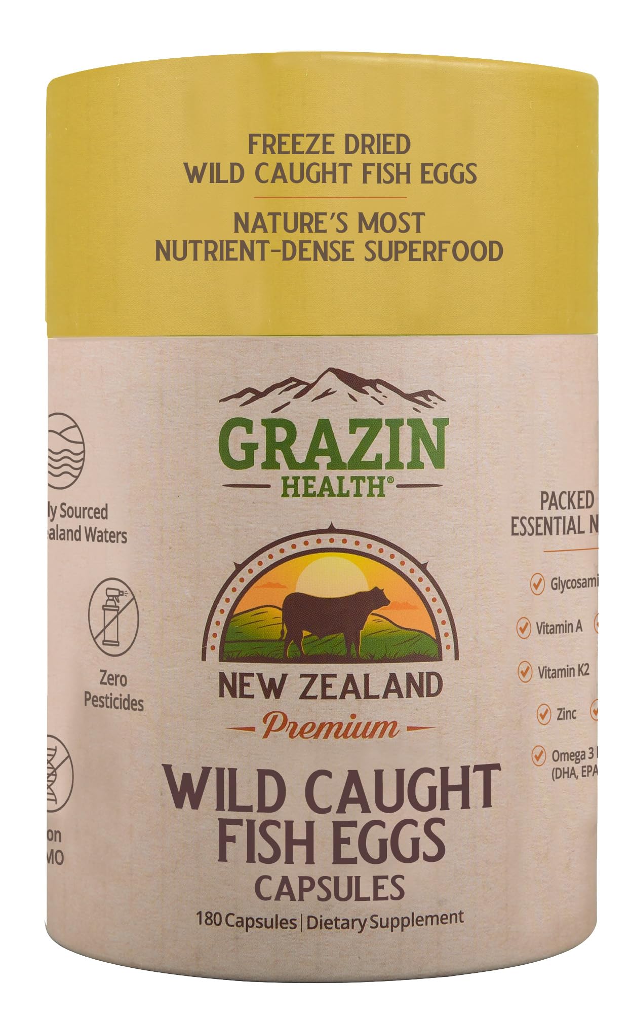 GRAZIN HEALTH Fish Eggs Capsules side view with dosage details