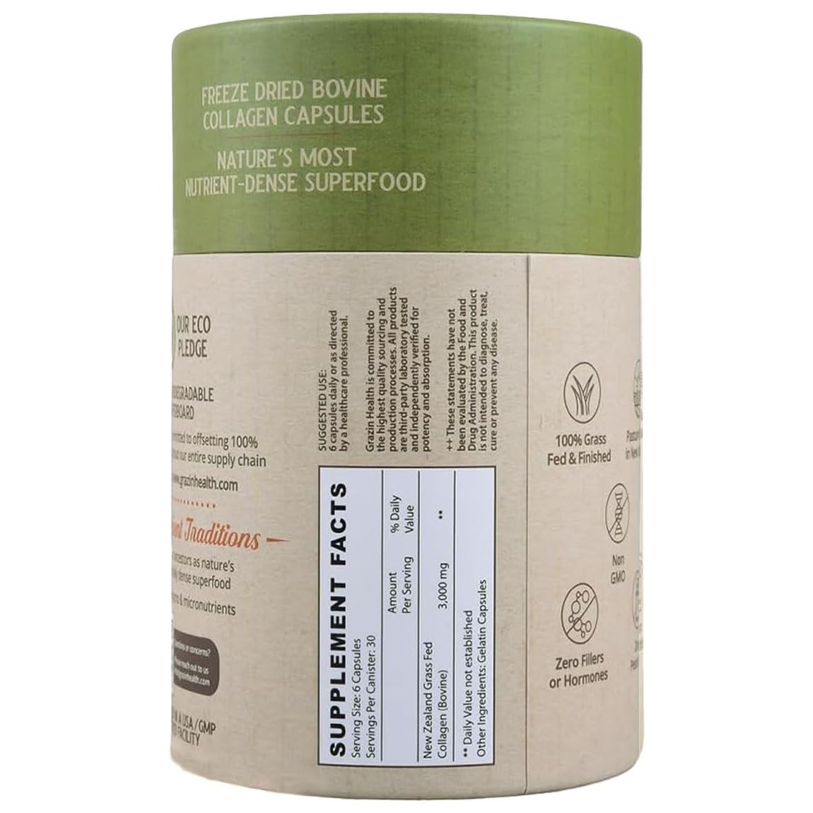 GRAZIN HEALTH Grass Fed Bovine Collagen Powder on a kitchen counter