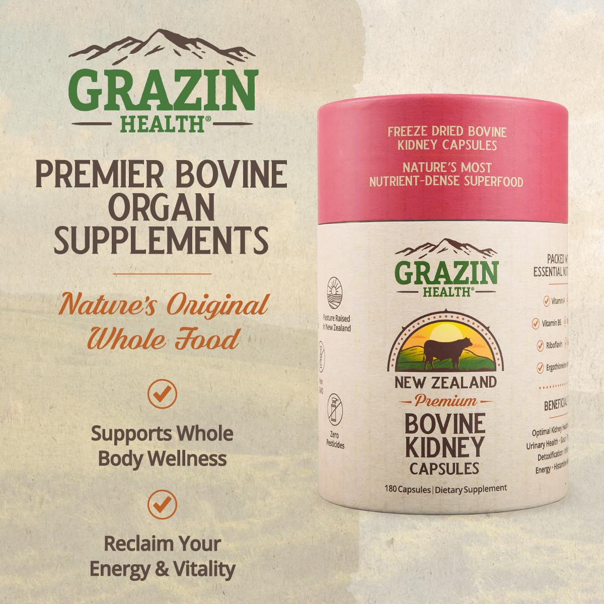 GRAZIN HEALTH Kidney Health Capsules side view showing label