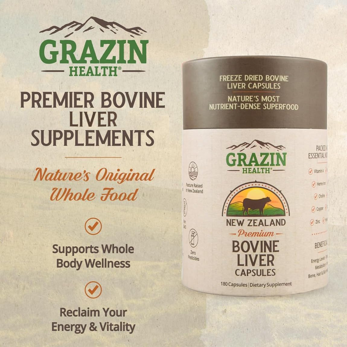 GRAZIN HEALTH Liver Extract Capsules open bottle with capsules