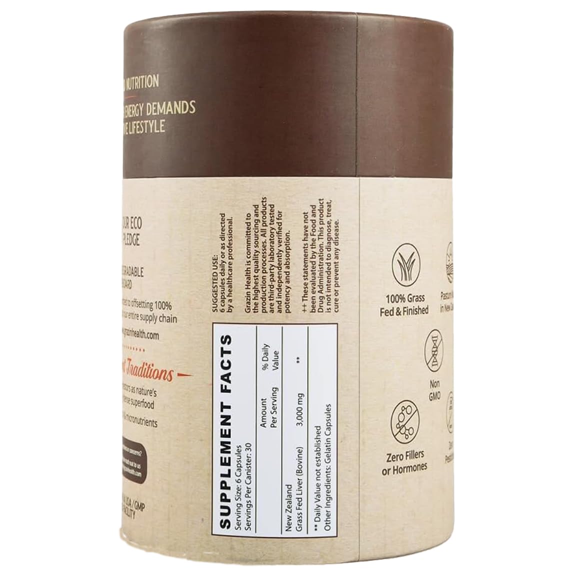 GRAZIN HEALTH Liver Extract Capsules side view showing dosage
