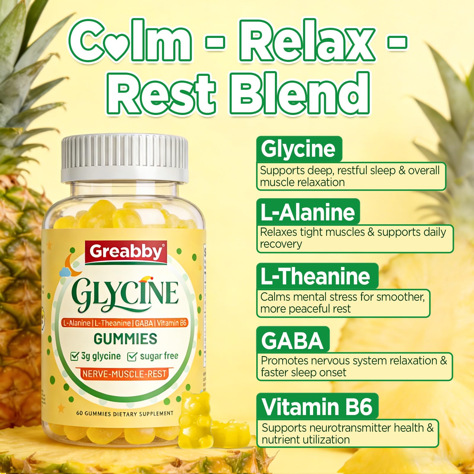 GREABBY Glycine 3g Gummies side view showing gummies